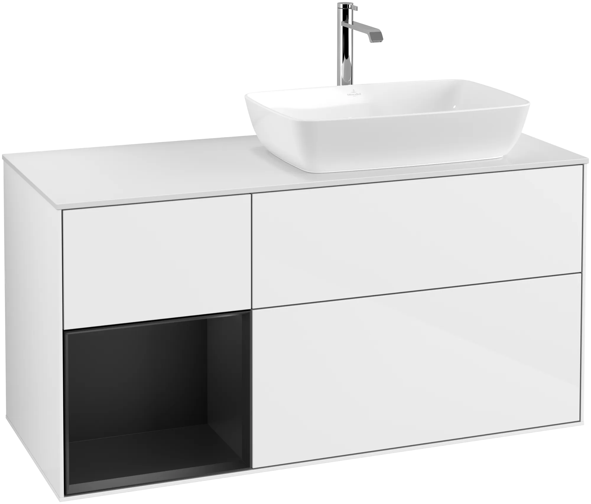 Bild von VILLEROY BOCH Finion Waschbeckenunterschrank, mit Beleuchtung, 3 Auszüge, 1200 x 603 x 501 mm, Glossy White Lacquer / Black Matt Lacquer / Glass White Matt #G801PDGF