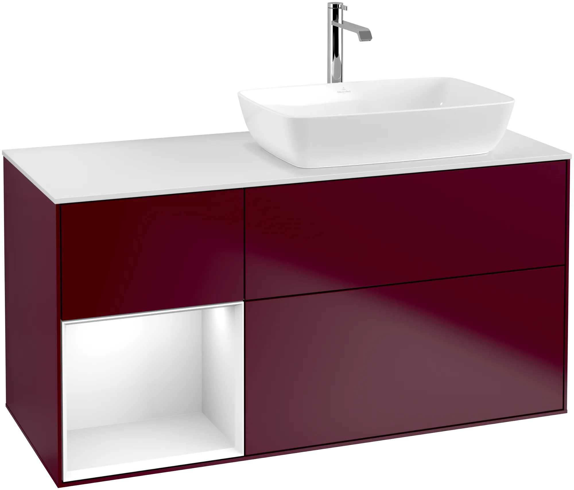 Bild von VILLEROY BOCH Finion Waschbeckenunterschrank, mit Beleuchtung, 3 Auszüge, 1200 x 603 x 501 mm, Peony Matt Lacquer / Glossy White Lacquer / Glass White Matt #G801GFHB