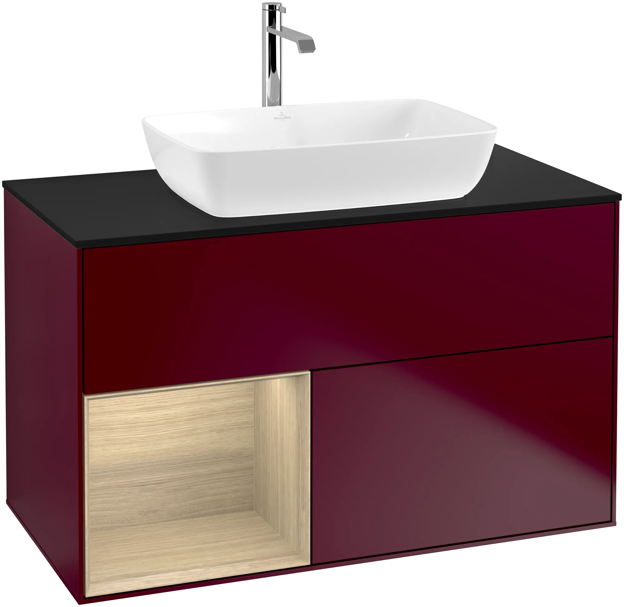 Bild von VILLEROY BOCH Finion Waschbeckenunterschrank, mit Beleuchtung, 2 Auszüge, 1000 x 603 x 501 mm, Peony Matt Lacquer / Oak Veneer / Glass Black Matt #G772PCHB