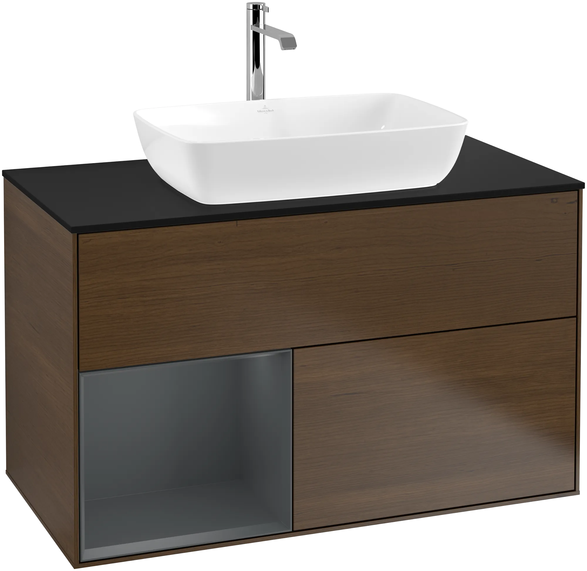 Bild von VILLEROY BOCH Finion Waschbeckenunterschrank, mit Beleuchtung, 2 Auszüge, 1000 x 603 x 501 mm, Walnut Veneer / Midnight Blue Matt Lacquer / Glass Black Matt #G772HGGN