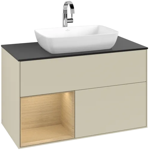 Bild von VILLEROY BOCH Finion Waschbeckenunterschrank, mit Beleuchtung, 2 Auszüge, 1000 x 603 x 501 mm, Silk Grey Matt Lacquer / Oak Veneer / Glass Black Matt #G772PCHJ
