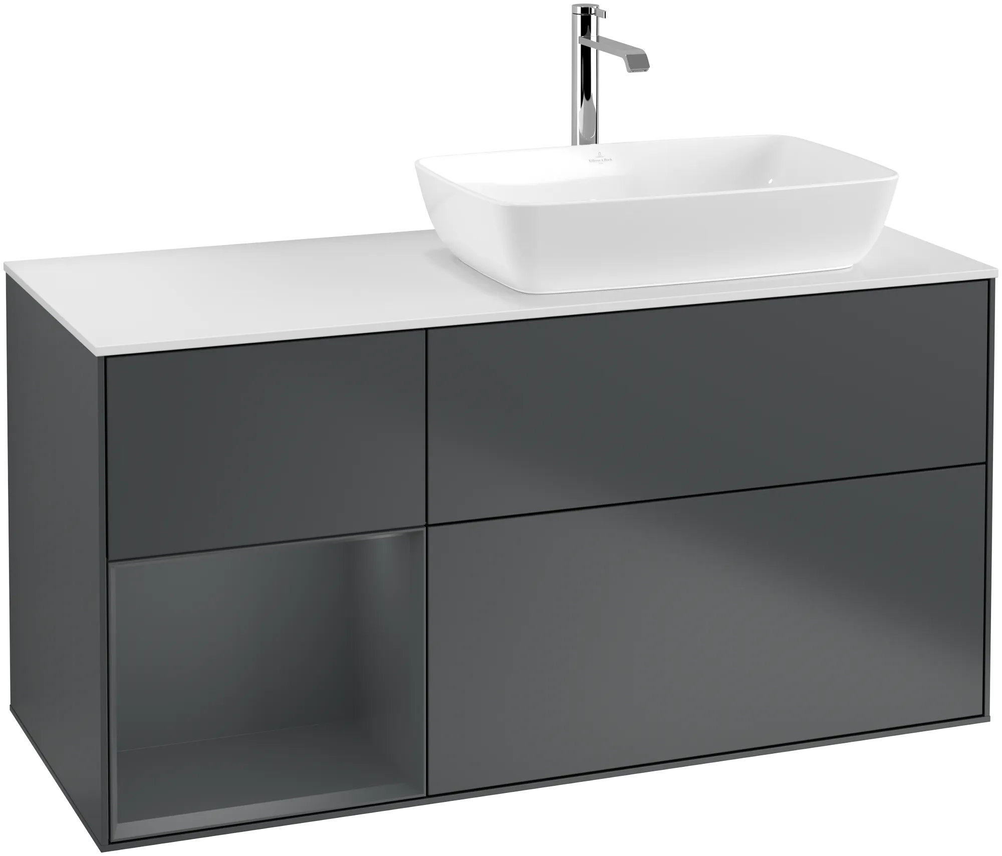 Bild von VILLEROY BOCH Finion Waschbeckenunterschrank, mit Beleuchtung, 3 Auszüge, 1200 x 603 x 501 mm, Midnight Blue Matt Lacquer / Midnight Blue Matt Lacquer / Glass White Matt #G801HGHG