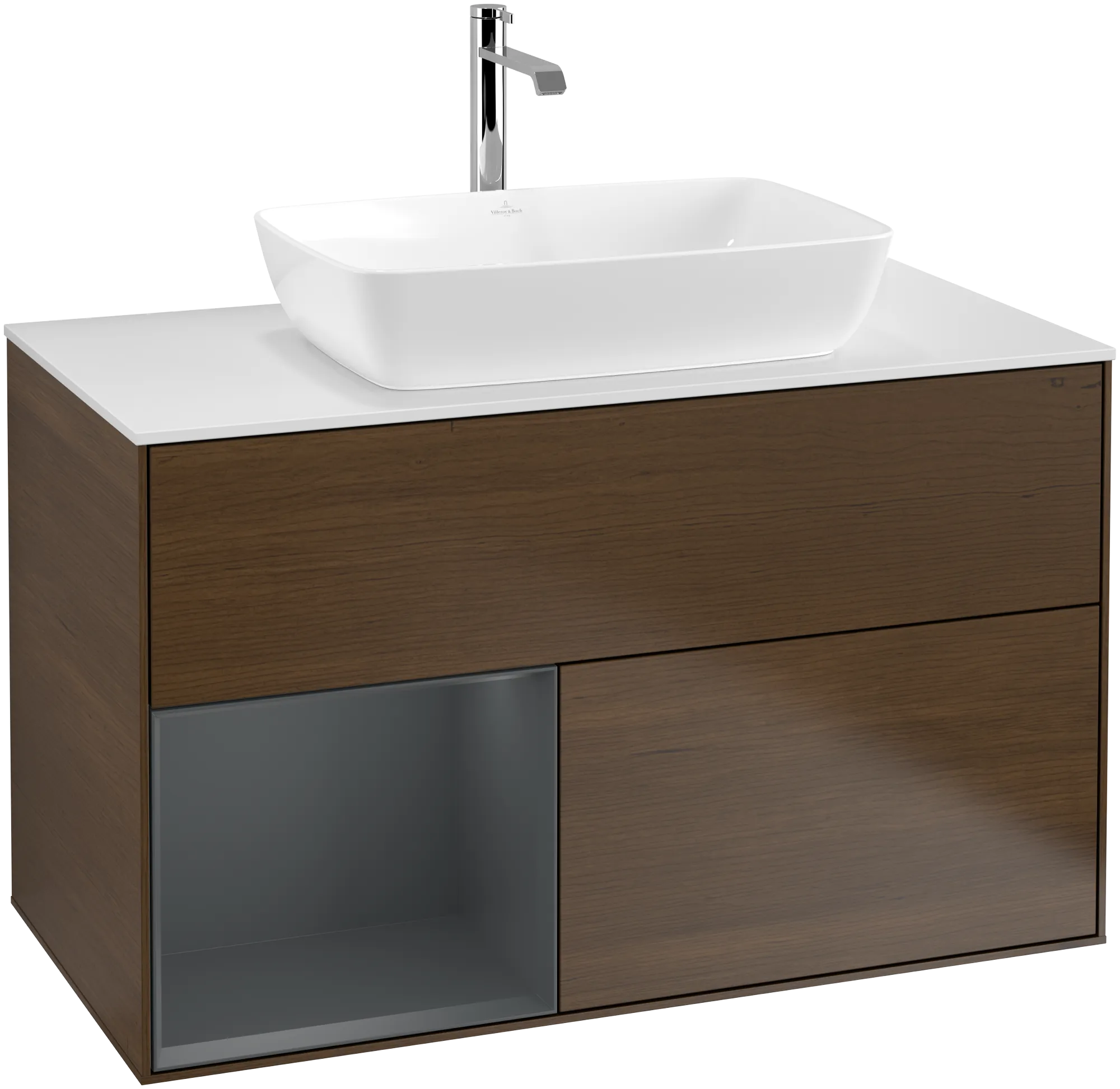 Bild von VILLEROY BOCH Finion Waschbeckenunterschrank, mit Beleuchtung, 2 Auszüge, 1000 x 603 x 501 mm, Walnut Veneer / Midnight Blue Matt Lacquer / Glass White Matt #G771HGGN