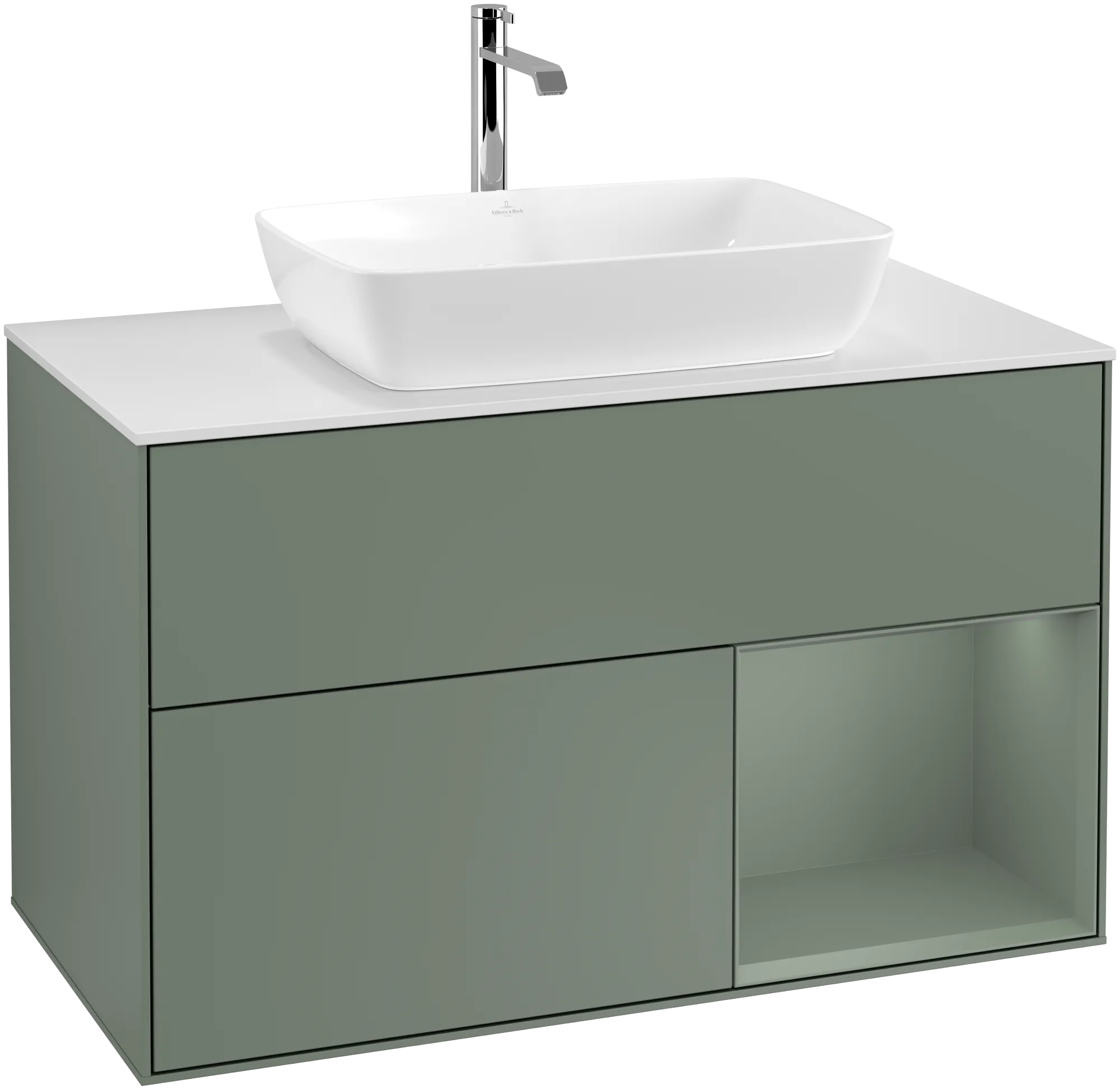 Bild von VILLEROY BOCH Finion Waschbeckenunterschrank, mit Beleuchtung, 2 Auszüge, 1000 x 603 x 501 mm, Olive Matt Lacquer / Olive Matt Lacquer / Glass White Matt #G781GMGM