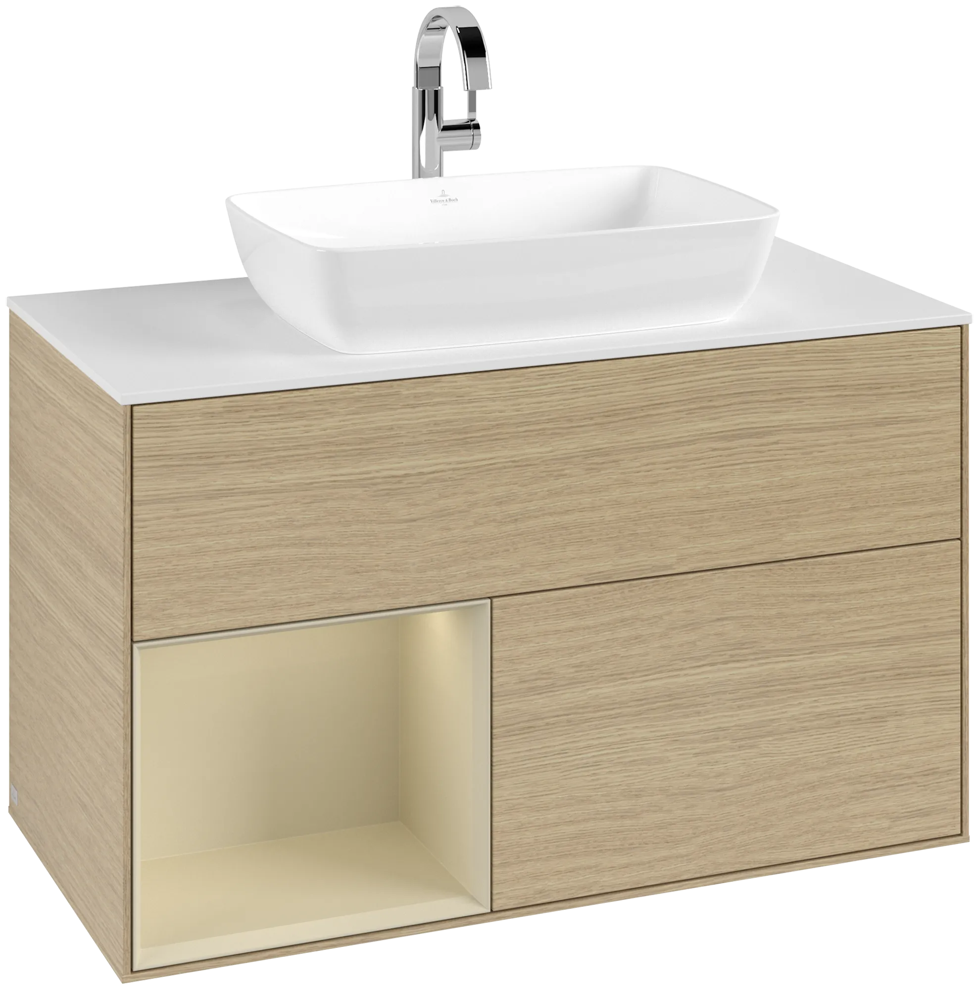 Bild von VILLEROY BOCH Finion Waschbeckenunterschrank, mit Beleuchtung, 2 Auszüge, 1000 x 603 x 501 mm, Oak Veneer / Silk Grey Matt Lacquer / Glass White Matt #G771HJPC
