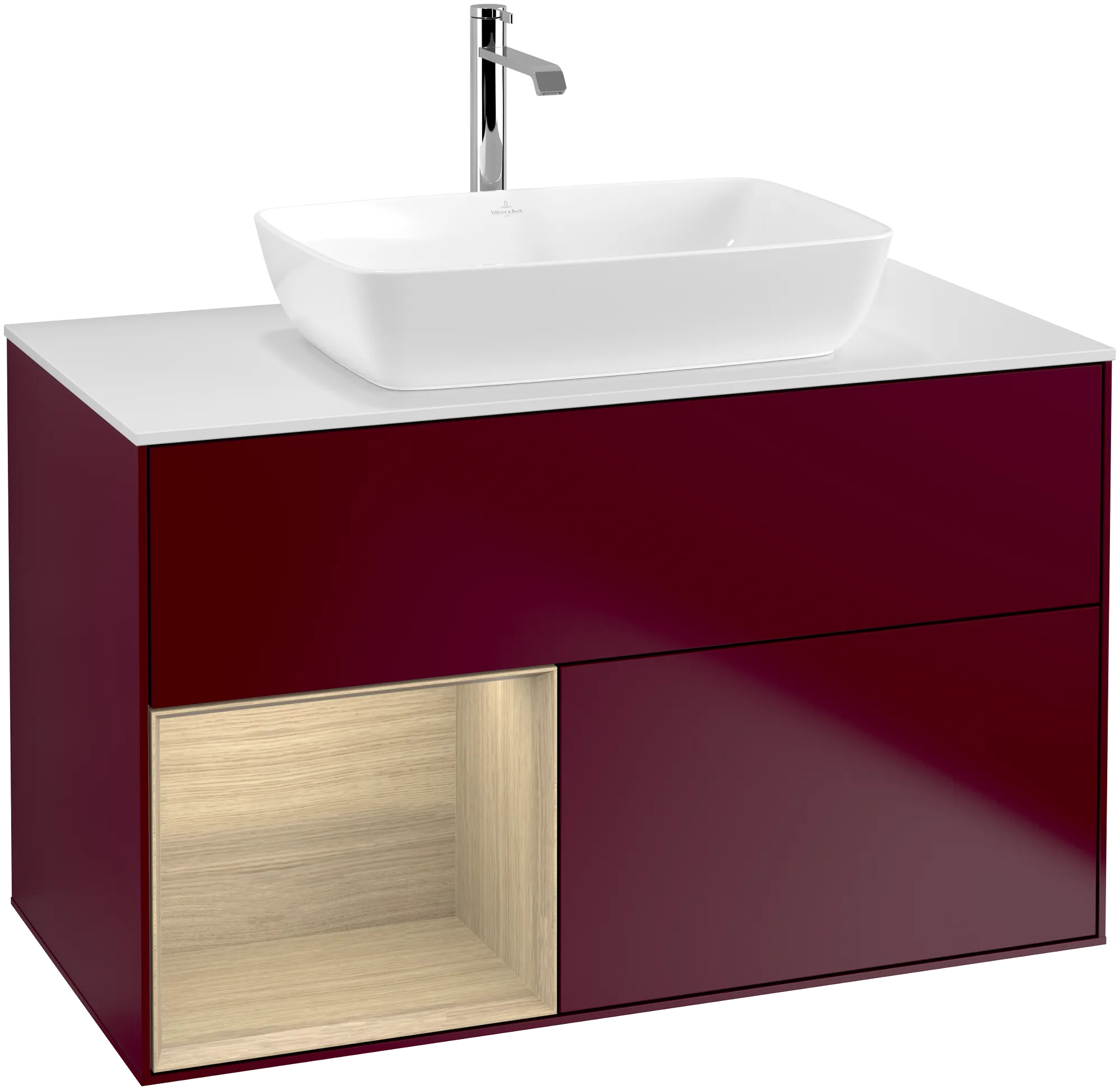 Bild von VILLEROY BOCH Finion Waschbeckenunterschrank, mit Beleuchtung, 2 Auszüge, 1000 x 603 x 501 mm, Peony Matt Lacquer / Oak Veneer / Glass White Matt #G771PCHB