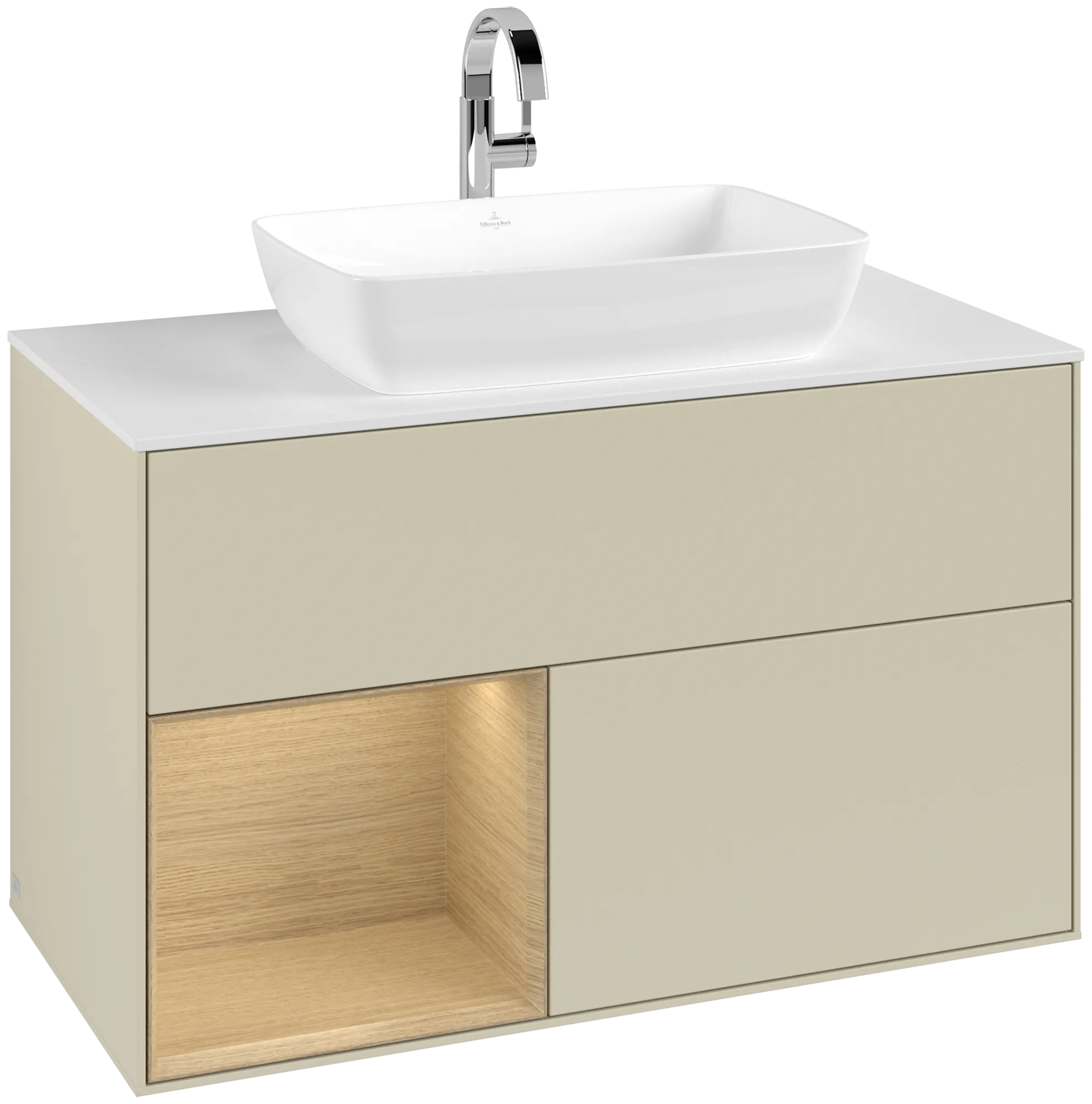 Bild von VILLEROY BOCH Finion Waschbeckenunterschrank, mit Beleuchtung, 2 Auszüge, 1000 x 603 x 501 mm, Silk Grey Matt Lacquer / Oak Veneer / Glass White Matt #G771PCHJ