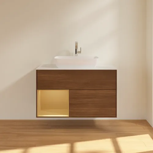 Bild von VILLEROY BOCH Finion Waschbeckenunterschrank, mit Beleuchtung, 2 Auszüge, 1000 x 603 x 501 mm, Walnut Veneer / Gold Matt Lacquer / Glass White Matt #G771HFGN