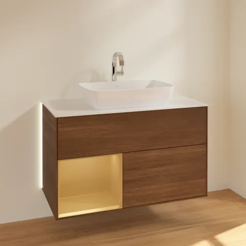 Bild von VILLEROY BOCH Finion Waschbeckenunterschrank, mit Beleuchtung, 2 Auszüge, 1000 x 603 x 501 mm, Walnut Veneer / Gold Matt Lacquer / Glass White Matt #G771HFGN