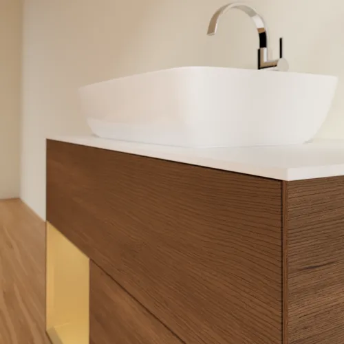 Bild von VILLEROY BOCH Finion Waschbeckenunterschrank, mit Beleuchtung, 2 Auszüge, 1000 x 603 x 501 mm, Walnut Veneer / Gold Matt Lacquer / Glass White Matt #G771HFGN