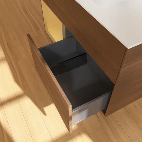 Bild von VILLEROY BOCH Finion Waschbeckenunterschrank, mit Beleuchtung, 2 Auszüge, 1000 x 603 x 501 mm, Walnut Veneer / Gold Matt Lacquer / Glass White Matt #G771HFGN