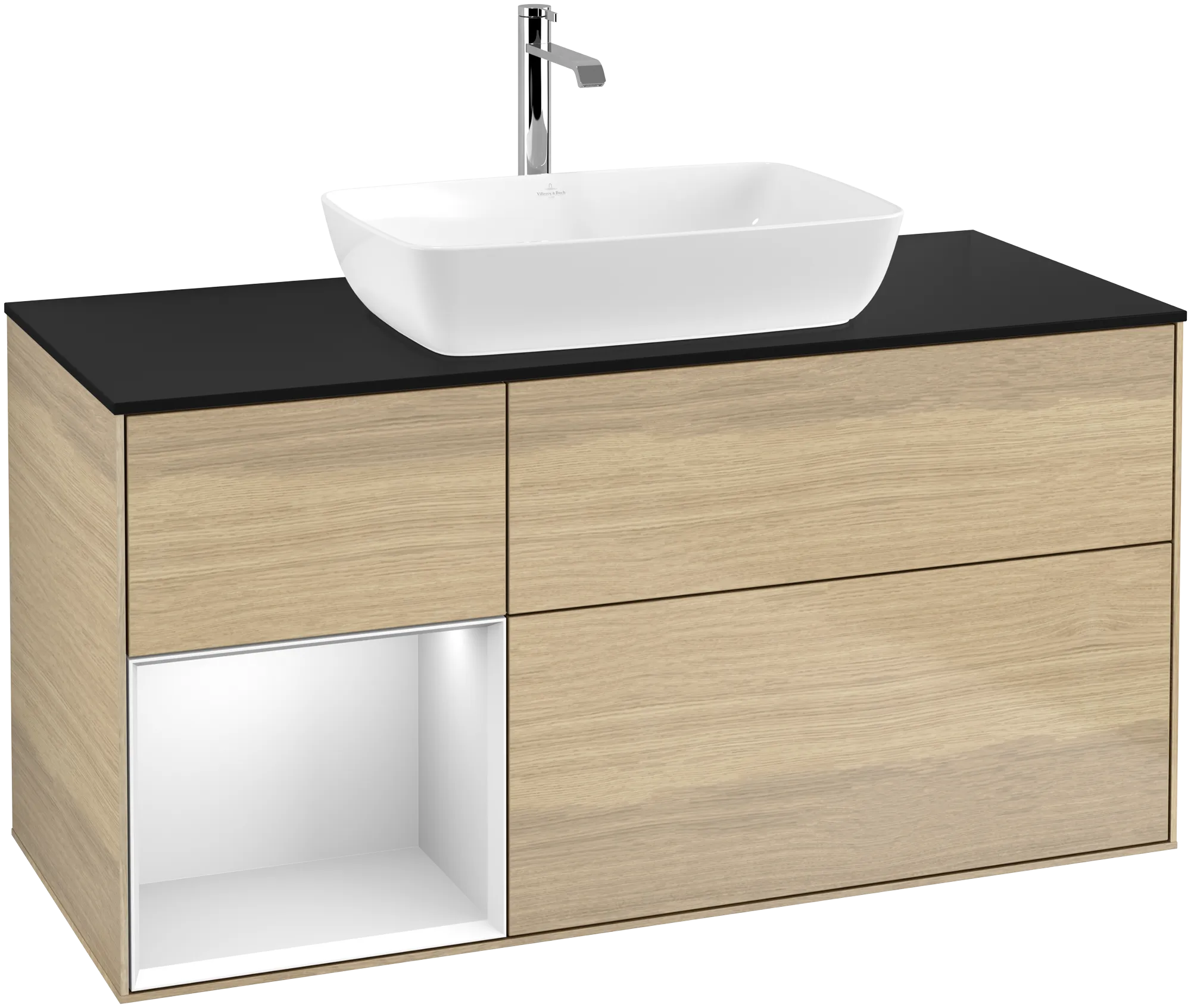 Bild von VILLEROY BOCH Finion Waschbeckenunterschrank, mit Beleuchtung, 3 Auszüge, 1200 x 603 x 501 mm, Oak Veneer / White Matt Lacquer / Glass Black Matt #G822MTPC