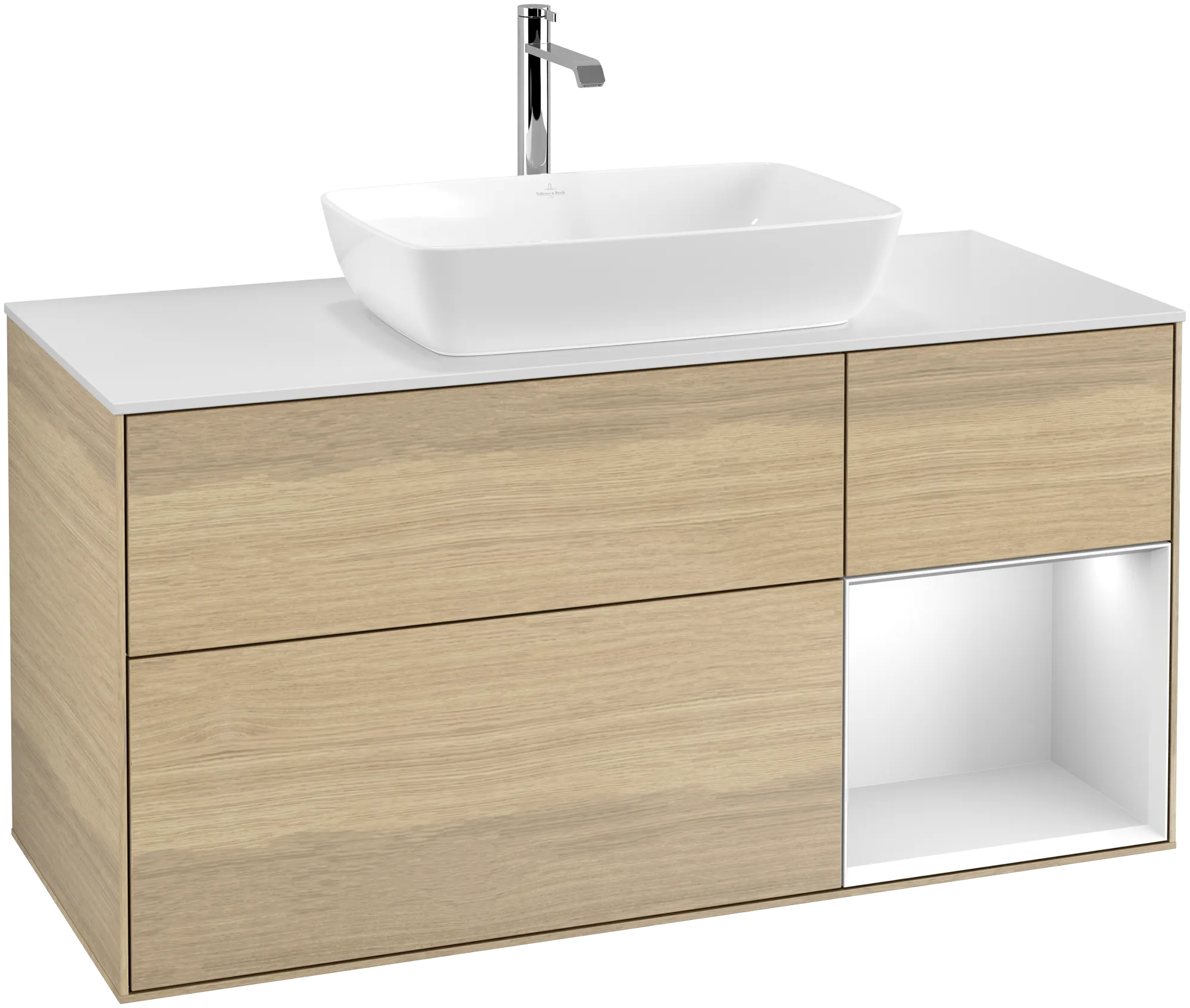 Bild von VILLEROY BOCH Finion Waschbeckenunterschrank, mit Beleuchtung, 3 Auszüge, 1200 x 603 x 501 mm, Oak Veneer / White Matt Lacquer / Glass White Matt #G831MTPC