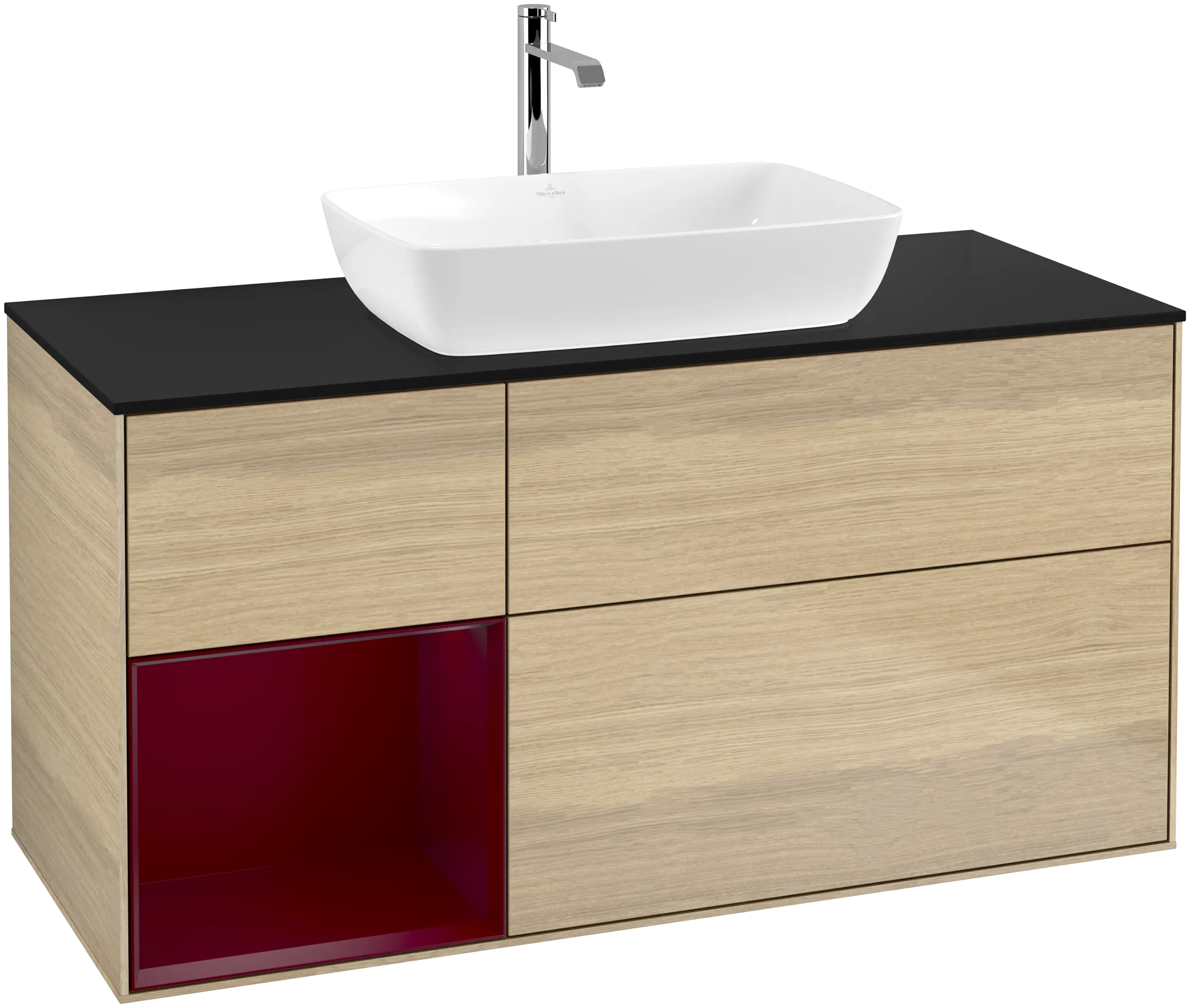 Bild von VILLEROY BOCH Finion Waschbeckenunterschrank, mit Beleuchtung, 3 Auszüge, 1200 x 603 x 501 mm, Oak Veneer / Peony Matt Lacquer / Glass Black Matt #G822HBPC