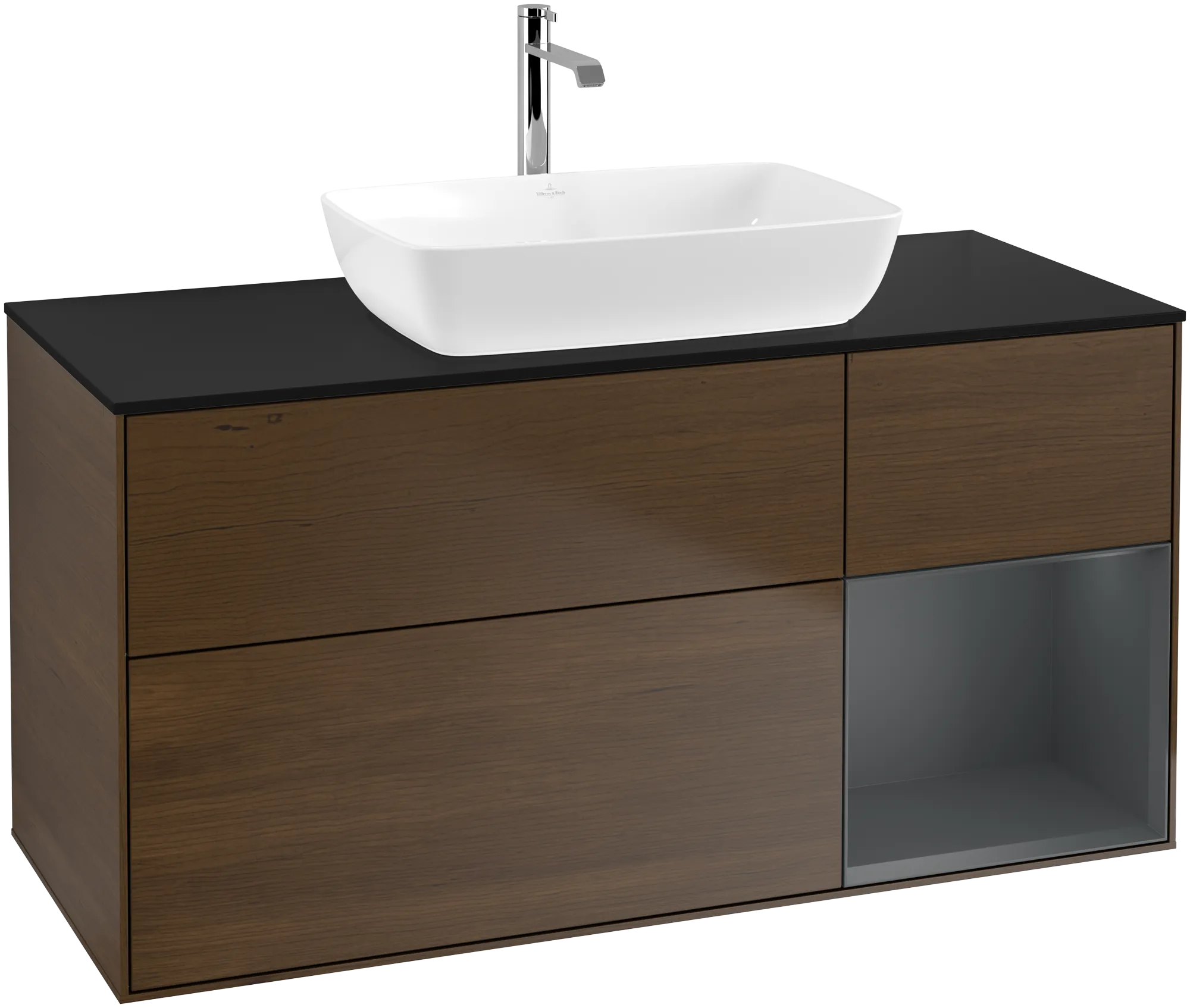 Bild von VILLEROY BOCH Finion Waschbeckenunterschrank, mit Beleuchtung, 3 Auszüge, 1200 x 603 x 501 mm, Walnut Veneer / Midnight Blue Matt Lacquer / Glass Black Matt #G832HGGN