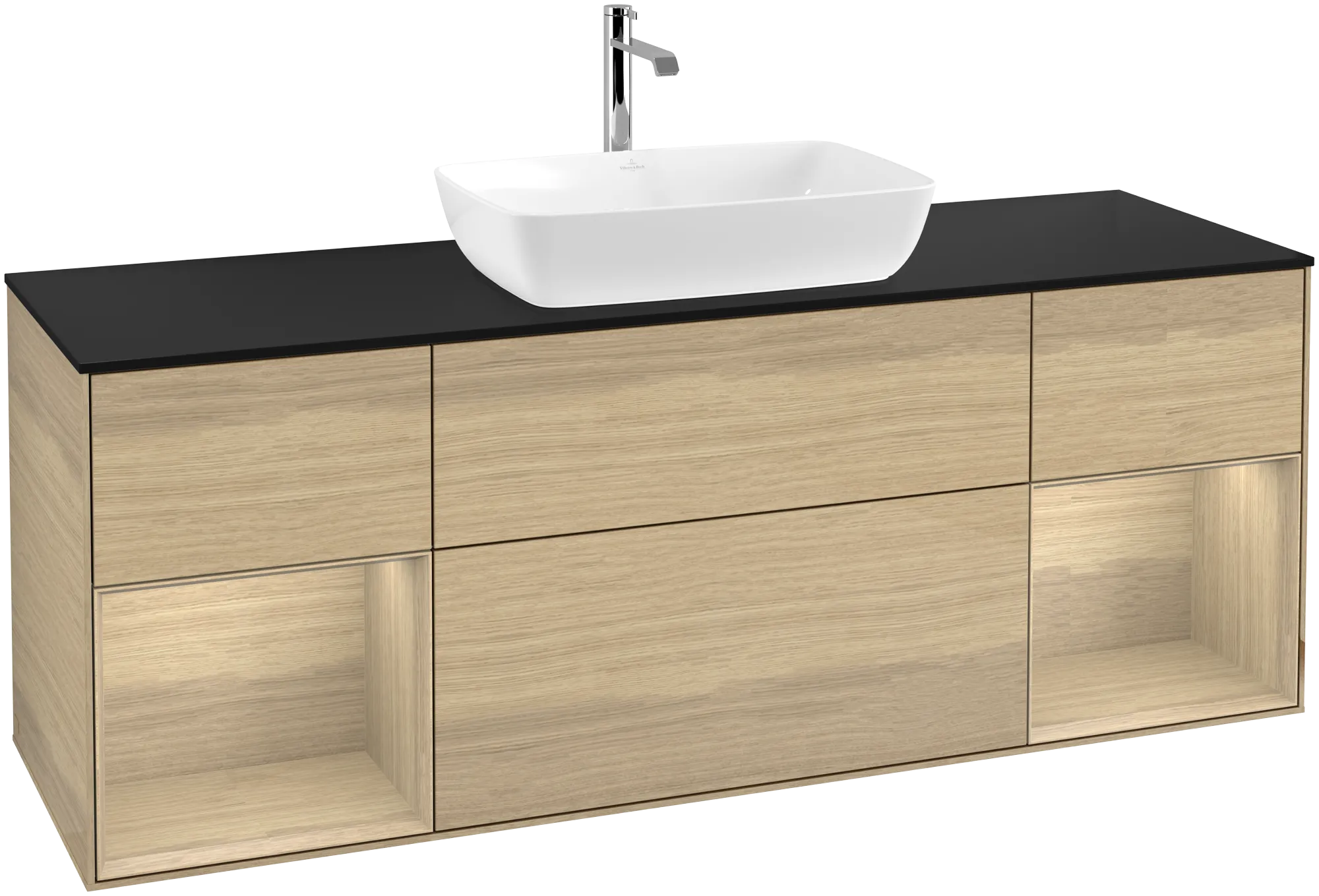 Bild von VILLEROY BOCH Finion Waschbeckenunterschrank, mit Beleuchtung, 4 Auszüge, 1600 x 603 x 501 mm, Oak Veneer / Oak Veneer / Glass Black Matt #G862PCPC