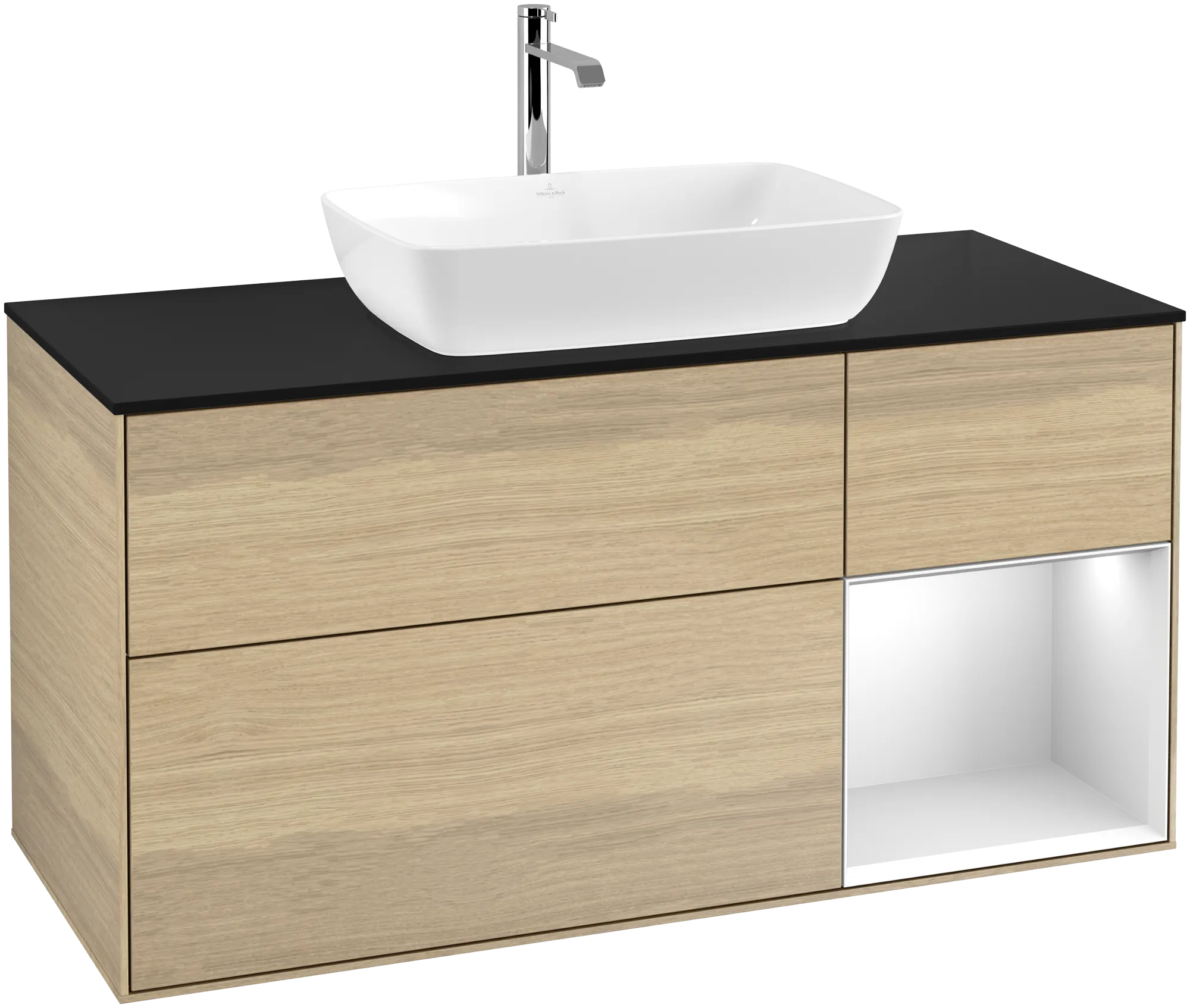 Bild von VILLEROY BOCH Finion Waschbeckenunterschrank, mit Beleuchtung, 3 Auszüge, 1200 x 603 x 501 mm, Oak Veneer / White Matt Lacquer / Glass Black Matt #G832MTPC