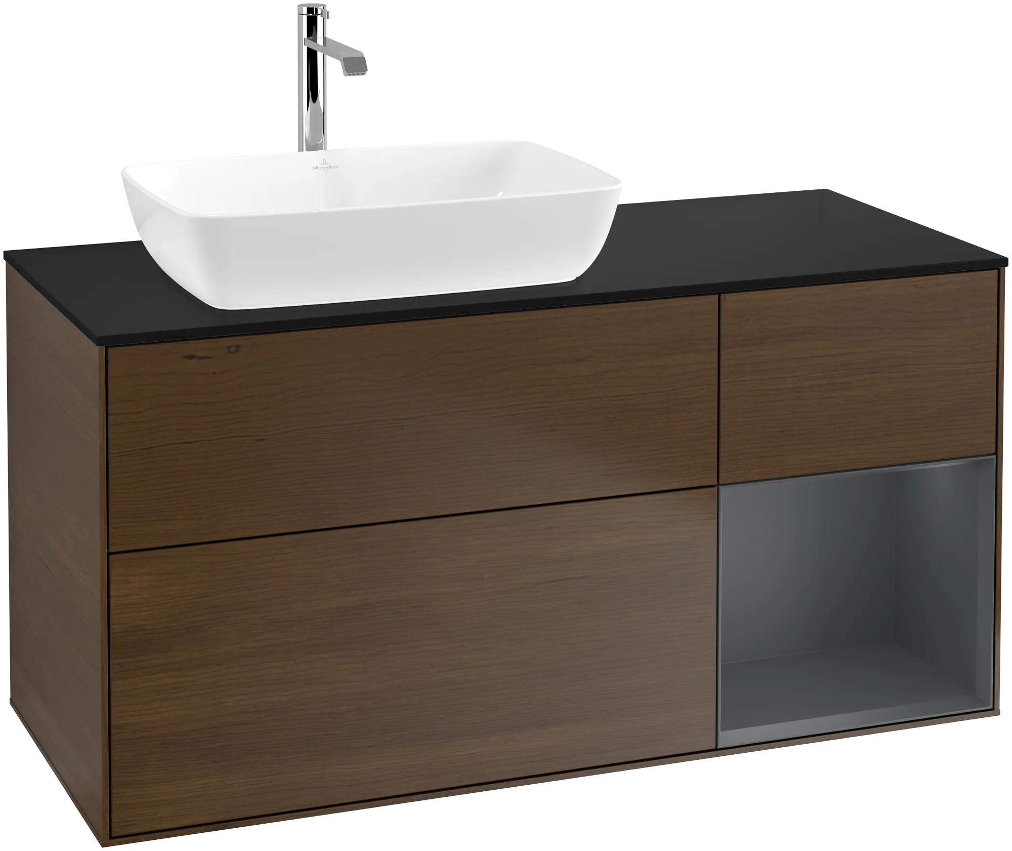 Bild von VILLEROY BOCH Finion Waschbeckenunterschrank, mit Beleuchtung, 3 Auszüge, 1200 x 603 x 501 mm, Walnut Veneer / Midnight Blue Matt Lacquer / Glass Black Matt #G812HGGN