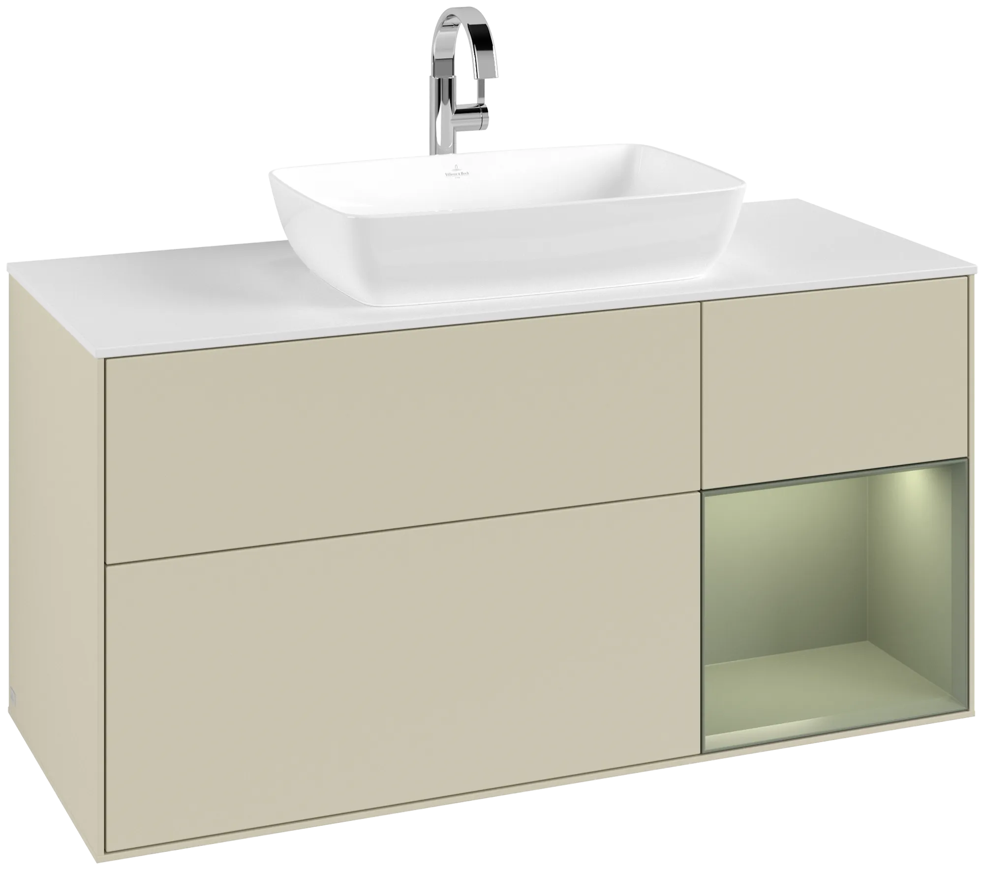 Obrázek VILLEROY BOCH Finion Vanity unit, with lighting, 3 pull-out compartments, 1200 x 603 x 501 mm, Silk Grey Matt Lacquer / Olive Matt Lacquer / Glass White Matt #G831GMHJ