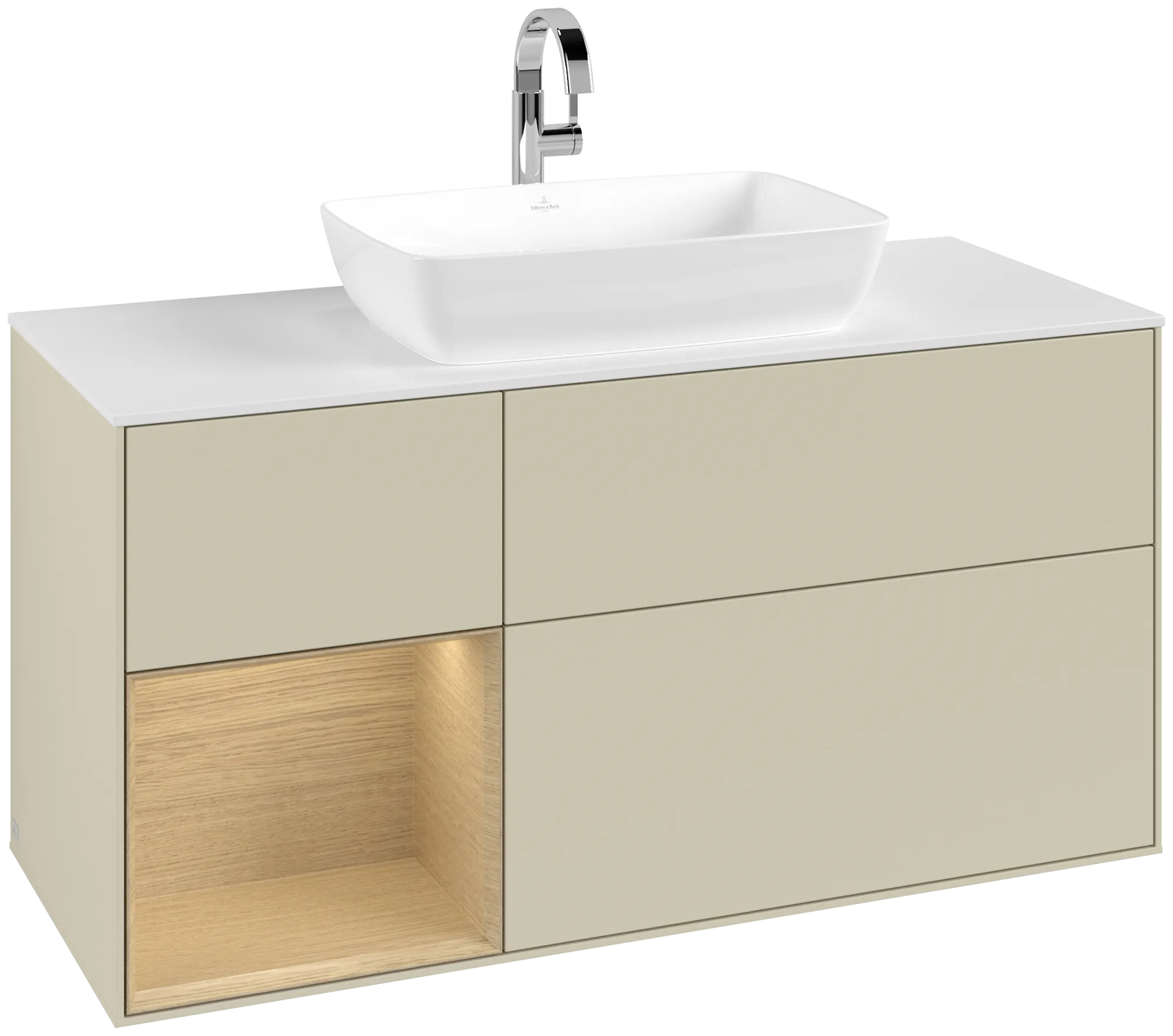 Bild von VILLEROY BOCH Finion Waschbeckenunterschrank, mit Beleuchtung, 3 Auszüge, 1200 x 603 x 501 mm, Silk Grey Matt Lacquer / Oak Veneer / Glass White Matt #G821PCHJ