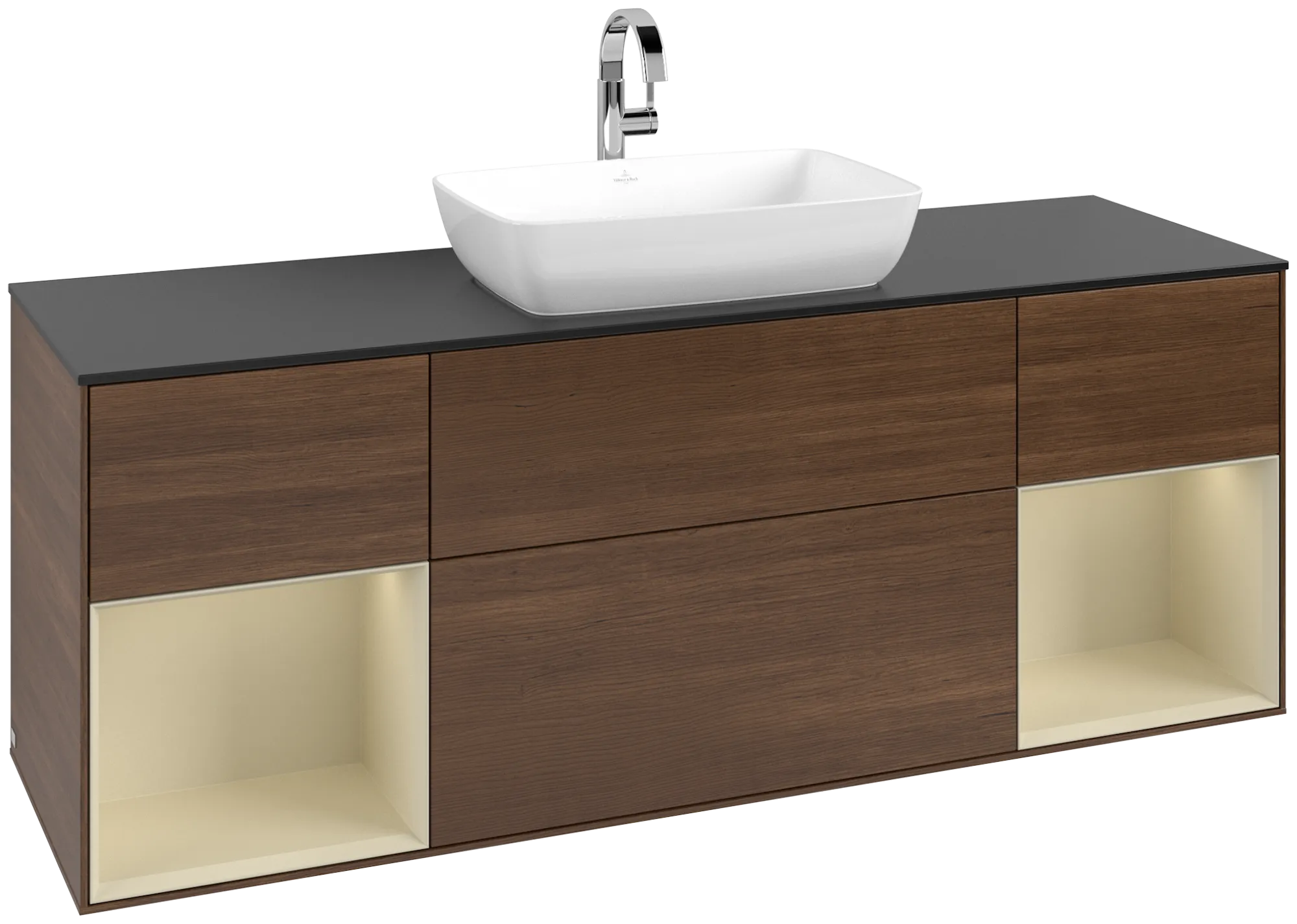 Bild von VILLEROY BOCH Finion Waschbeckenunterschrank, mit Beleuchtung, 4 Auszüge, 1600 x 603 x 501 mm, Walnut Veneer / Silk Grey Matt Lacquer / Glass Black Matt #G862HJGN