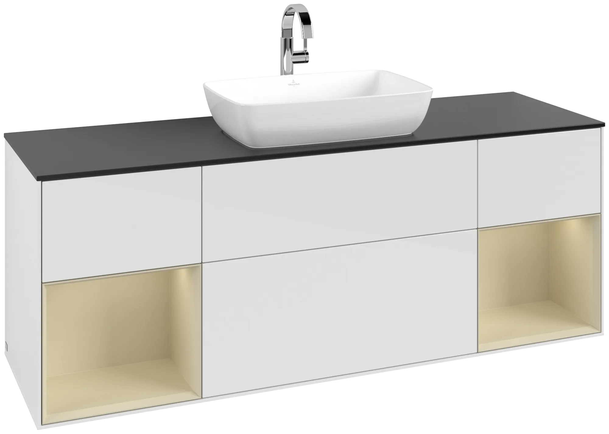 Bild von VILLEROY BOCH Finion Waschbeckenunterschrank, mit Beleuchtung, 4 Auszüge, 1600 x 603 x 501 mm, Glossy White Lacquer / Silk Grey Matt Lacquer / Glass Black Matt #G862HJGF