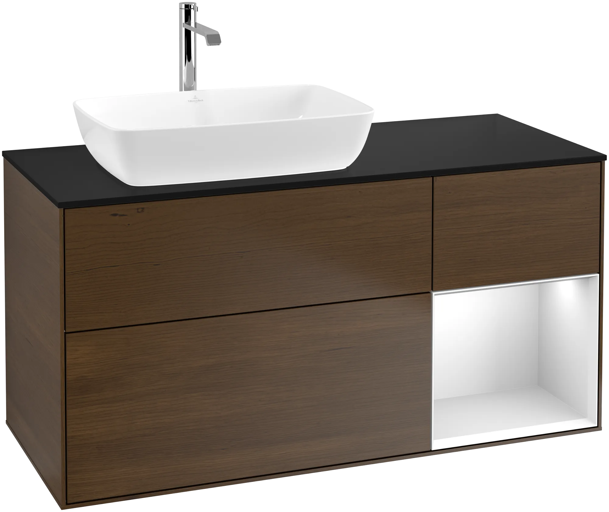 Bild von VILLEROY BOCH Finion Waschbeckenunterschrank, mit Beleuchtung, 3 Auszüge, 1200 x 603 x 501 mm, Walnut Veneer / White Matt Lacquer / Glass Black Matt #G812MTGN
