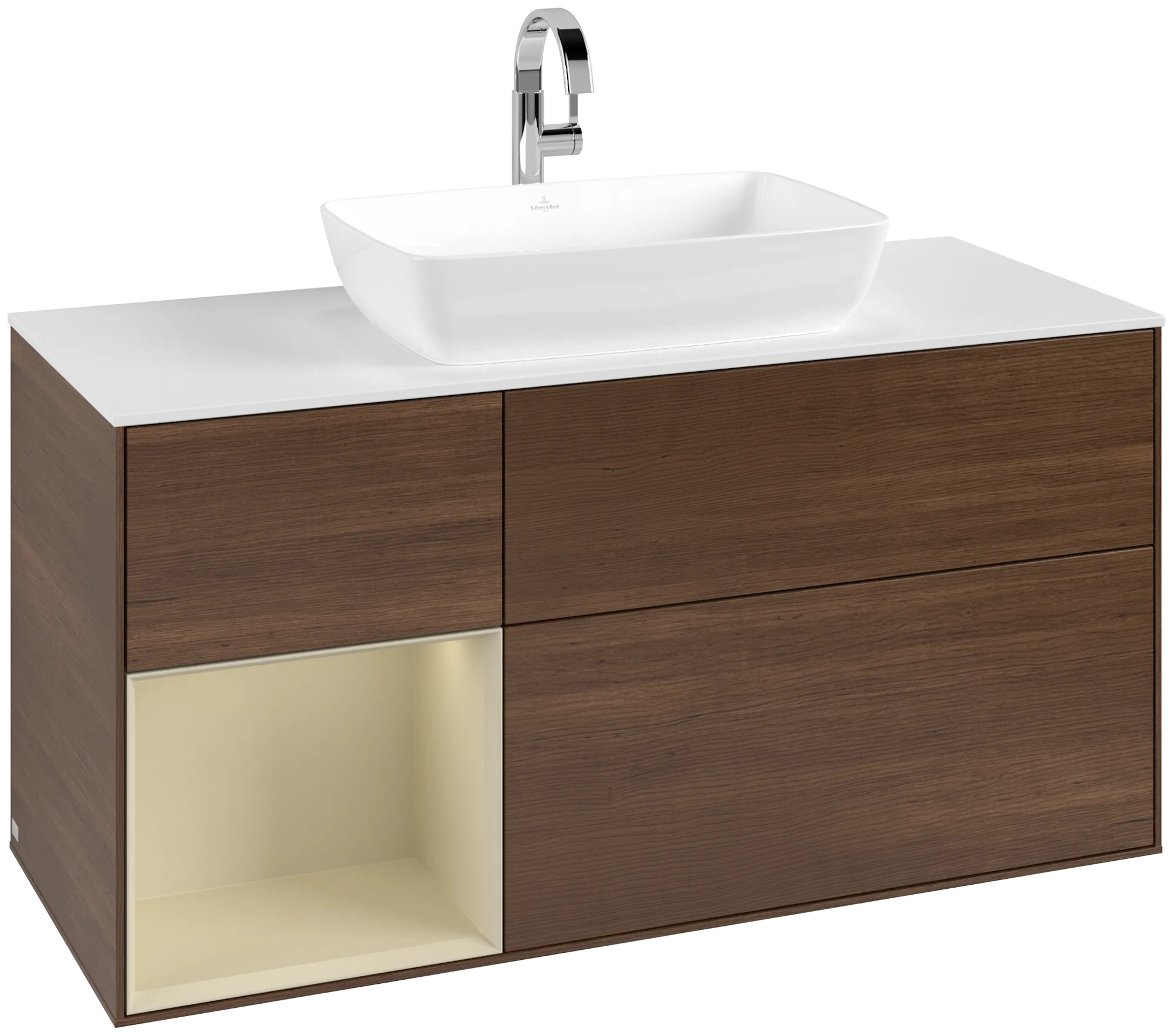 Bild von VILLEROY BOCH Finion Waschbeckenunterschrank, mit Beleuchtung, 3 Auszüge, 1200 x 603 x 501 mm, Walnut Veneer / Silk Grey Matt Lacquer / Glass White Matt #G821HJGN