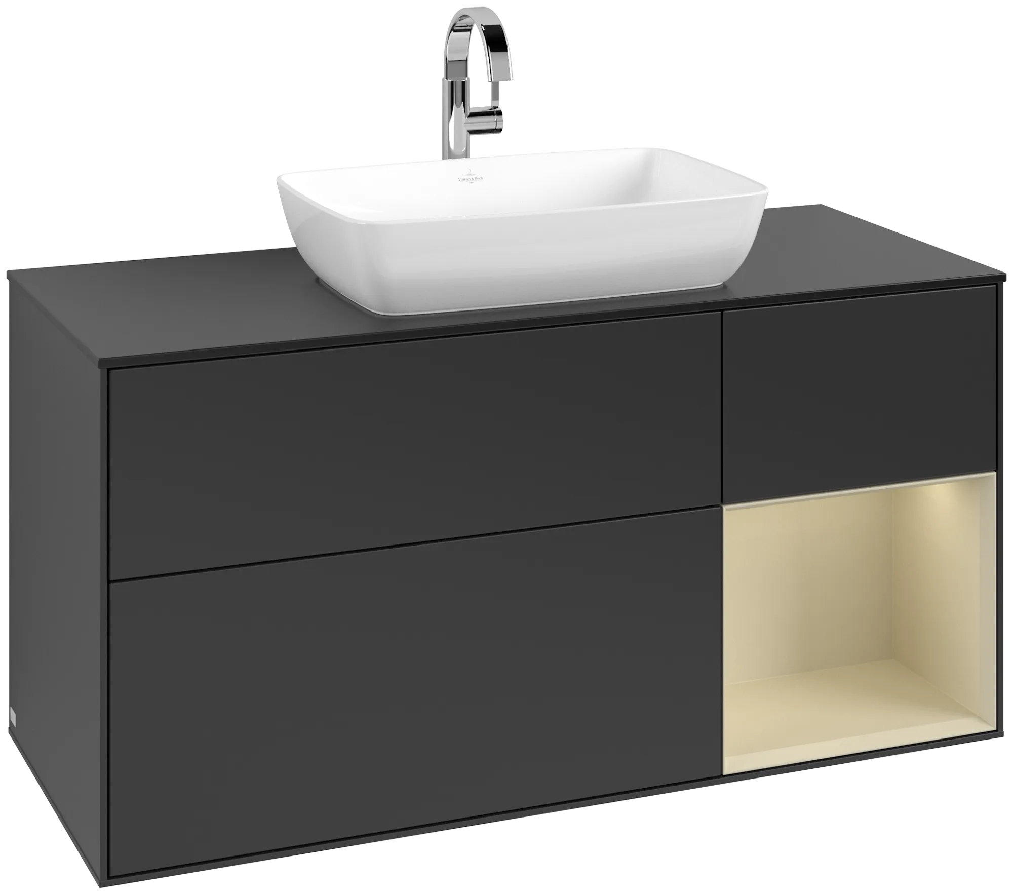 Bild von VILLEROY BOCH Finion Waschbeckenunterschrank, mit Beleuchtung, 3 Auszüge, 1200 x 603 x 501 mm, Black Matt Lacquer / Silk Grey Matt Lacquer / Glass Black Matt #G832HJPD