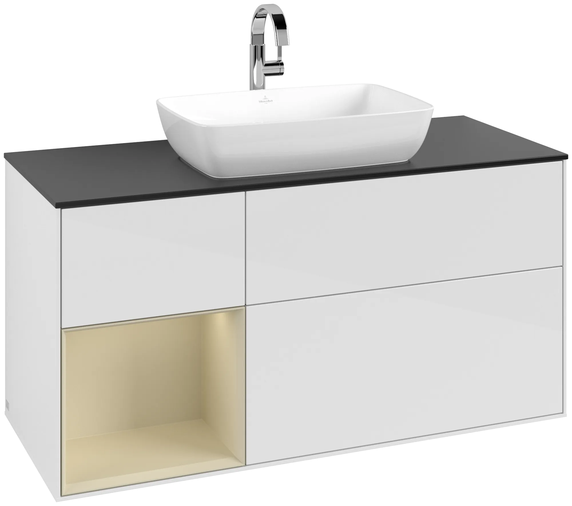 Obrázek VILLEROY BOCH Finion Vanity unit, with lighting, 3 pull-out compartments, 1200 x 603 x 501 mm, Glossy White Lacquer / Silk Grey Matt Lacquer / Glass Black Matt #G822HJGF
