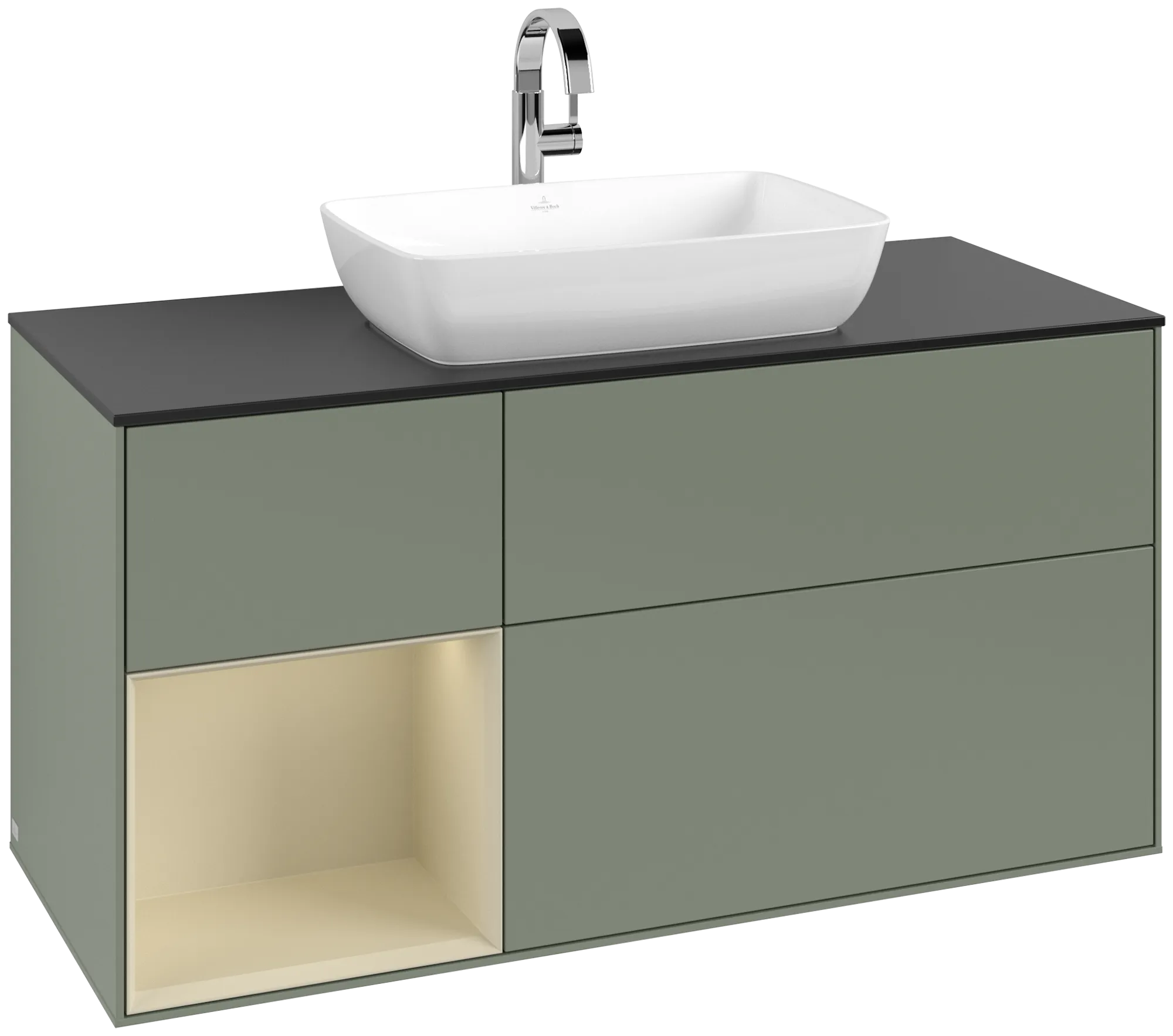 Bild von VILLEROY BOCH Finion Waschbeckenunterschrank, mit Beleuchtung, 3 Auszüge, 1200 x 603 x 501 mm, Olive Matt Lacquer / Silk Grey Matt Lacquer / Glass Black Matt #G822HJGM
