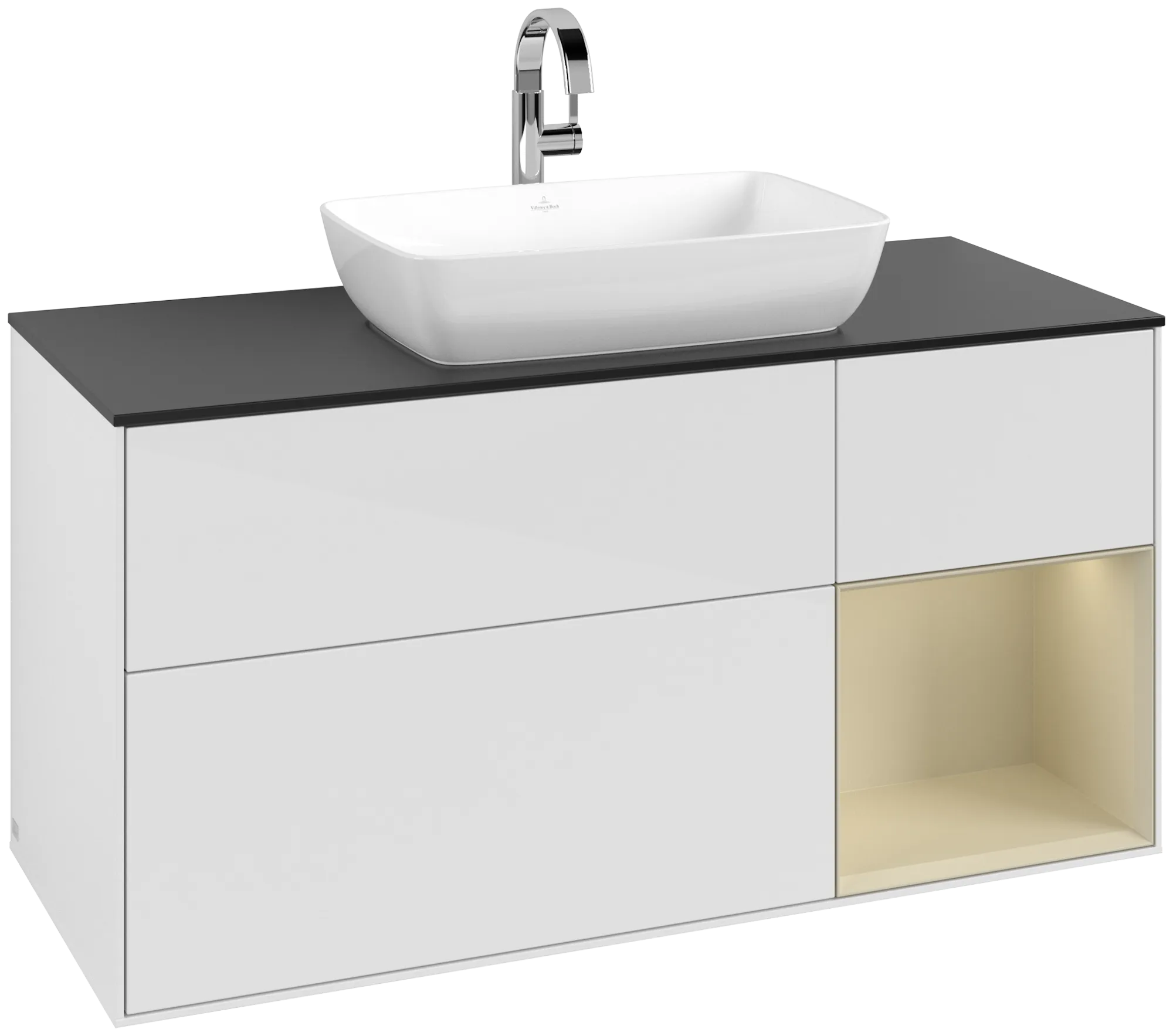 Bild von VILLEROY BOCH Finion Waschbeckenunterschrank, mit Beleuchtung, 3 Auszüge, 1200 x 603 x 501 mm, Glossy White Lacquer / Silk Grey Matt Lacquer / Glass Black Matt #G832HJGF