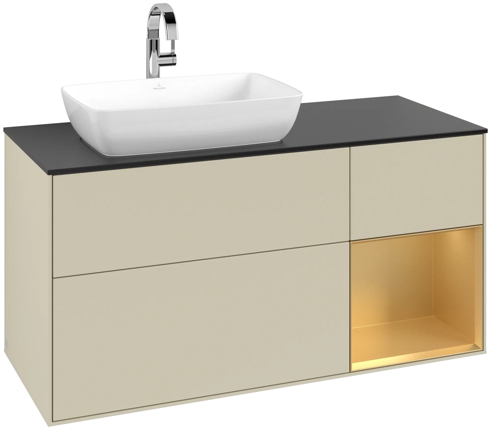 Bild von VILLEROY BOCH Finion Waschbeckenunterschrank, mit Beleuchtung, 3 Auszüge, 1200 x 603 x 501 mm, Silk Grey Matt Lacquer / Gold Matt Lacquer / Glass Black Matt #G812HFHJ