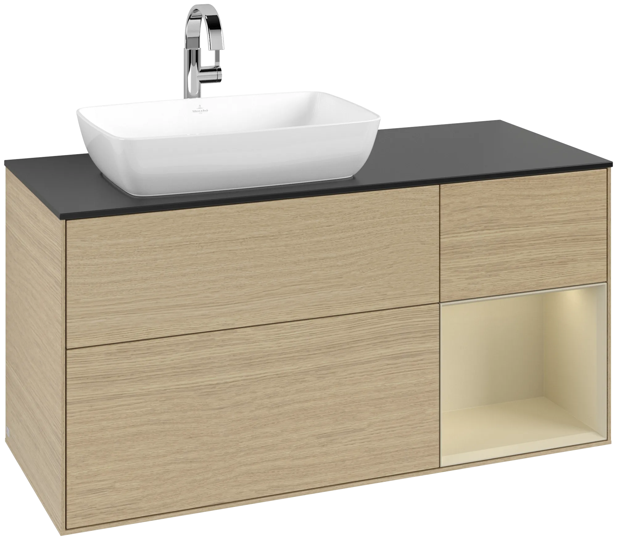 Bild von VILLEROY BOCH Finion Waschbeckenunterschrank, mit Beleuchtung, 3 Auszüge, 1200 x 603 x 501 mm, Oak Veneer / Silk Grey Matt Lacquer / Glass Black Matt #G812HJPC