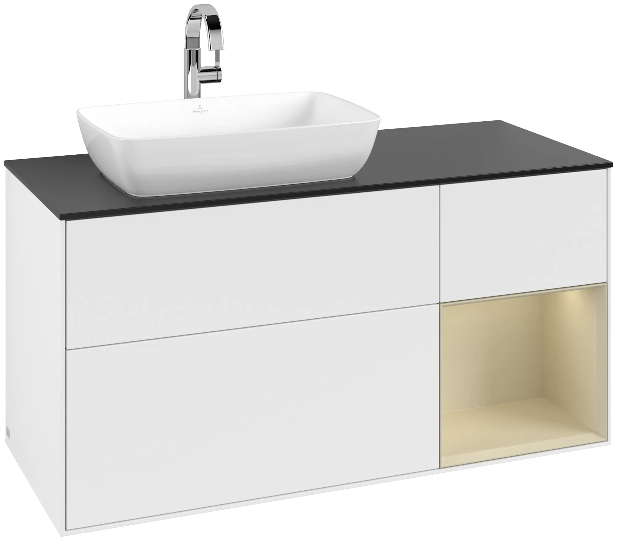Bild von VILLEROY BOCH Finion Waschbeckenunterschrank, mit Beleuchtung, 3 Auszüge, 1200 x 603 x 501 mm, White Matt Lacquer / Silk Grey Matt Lacquer / Glass Black Matt #G812HJMT
