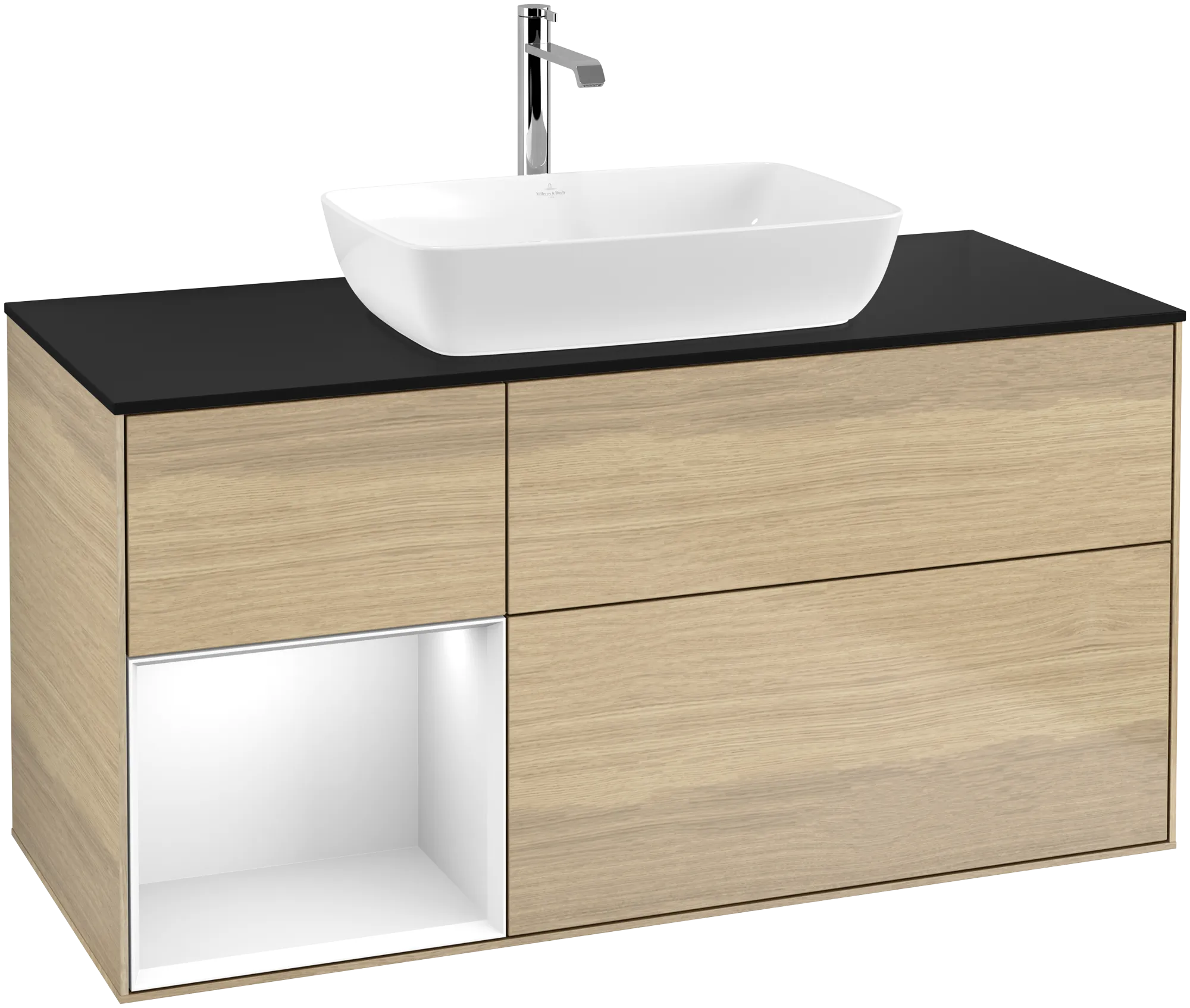 Bild von VILLEROY BOCH Finion Waschbeckenunterschrank, mit Beleuchtung, 3 Auszüge, 1200 x 603 x 501 mm, Oak Veneer / Glossy White Lacquer / Glass Black Matt #G822GFPC