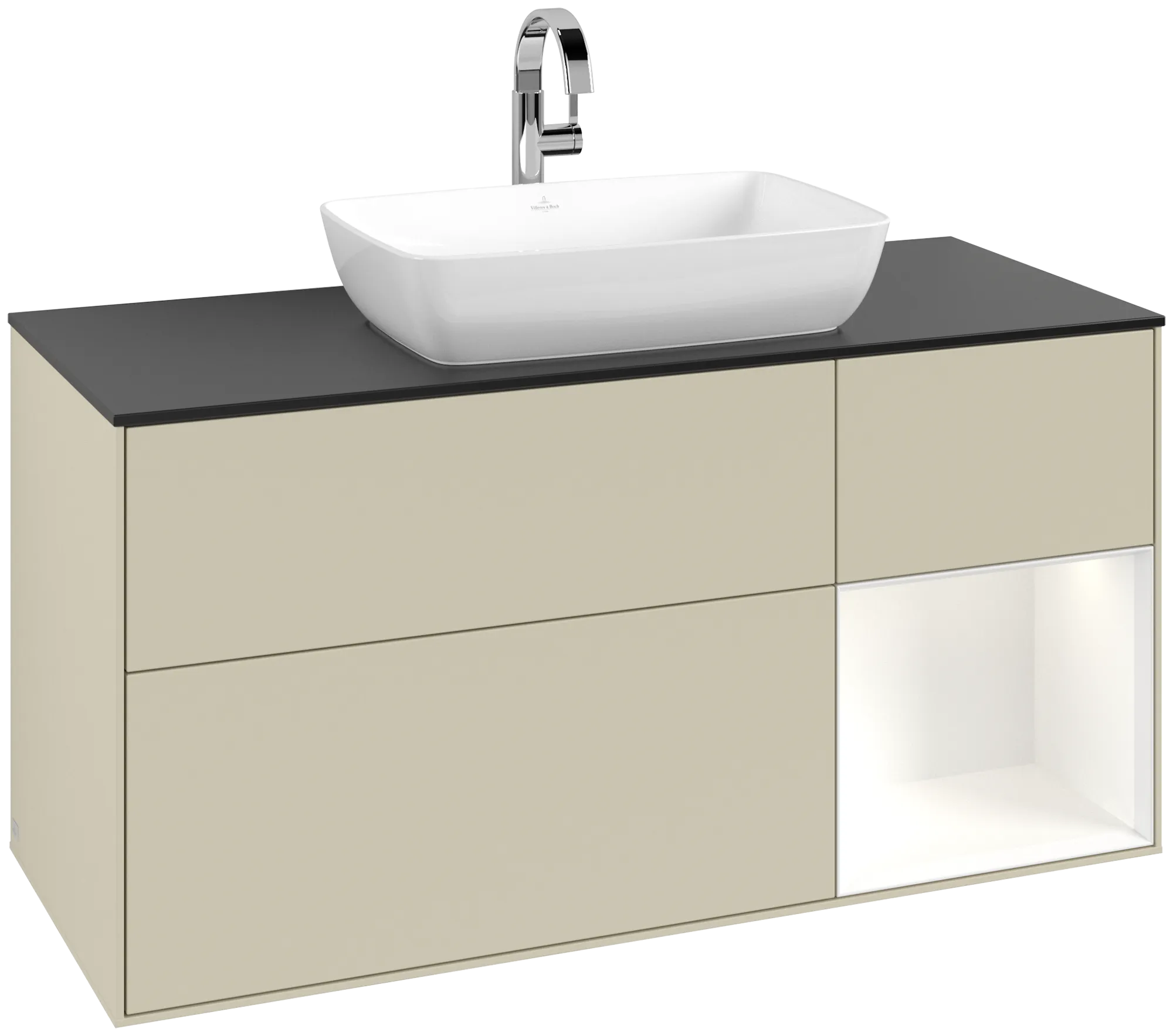 Bild von VILLEROY BOCH Finion Waschbeckenunterschrank, mit Beleuchtung, 3 Auszüge, 1200 x 603 x 501 mm, Silk Grey Matt Lacquer / White Matt Lacquer / Glass Black Matt #G832MTHJ