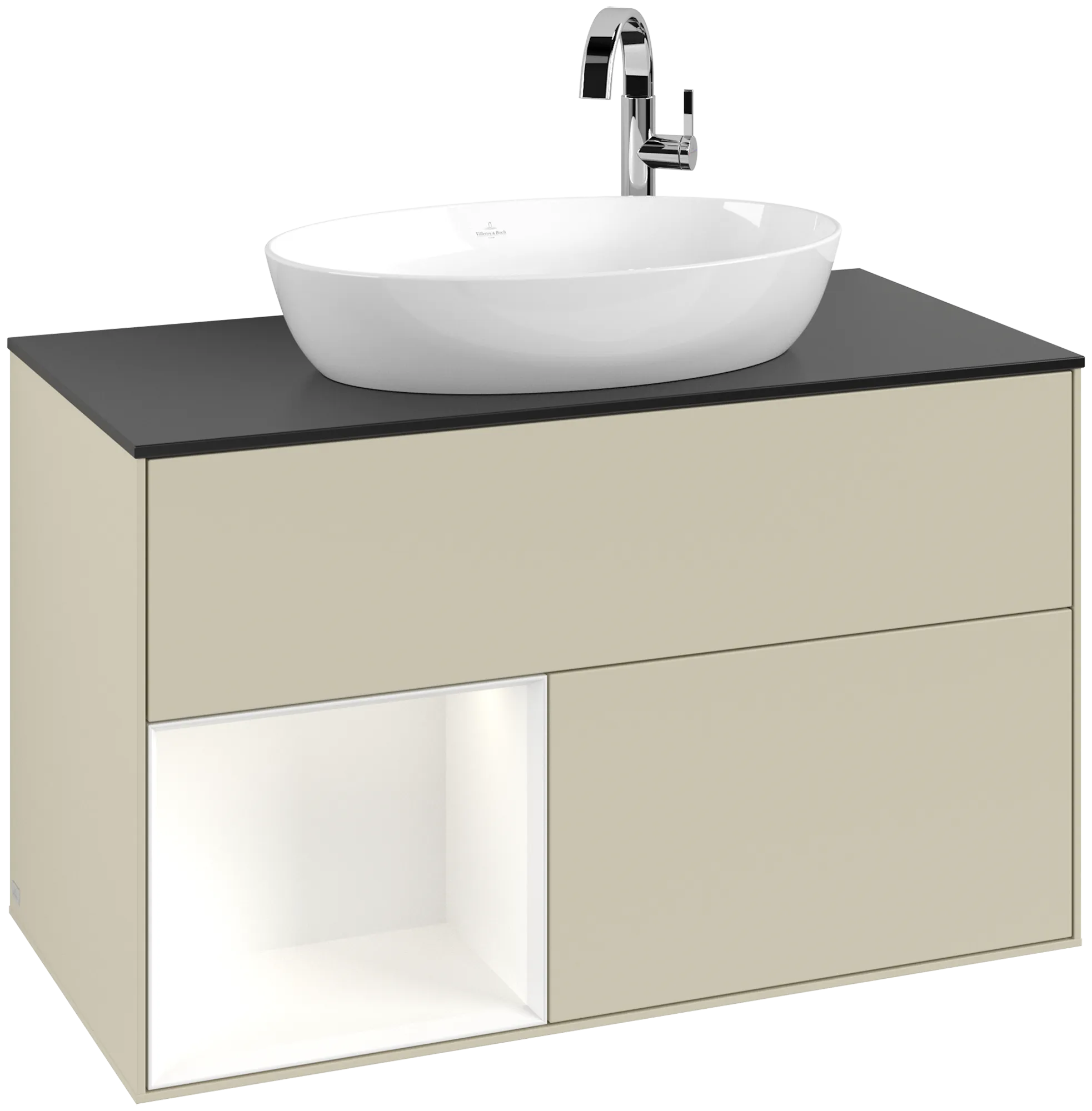 Bild von VILLEROY BOCH Finion Waschbeckenunterschrank, mit Beleuchtung, 2 Auszüge, 1000 x 603 x 501 mm, Silk Grey Matt Lacquer / White Matt Lacquer / Glass Black Matt #G892MTHJ