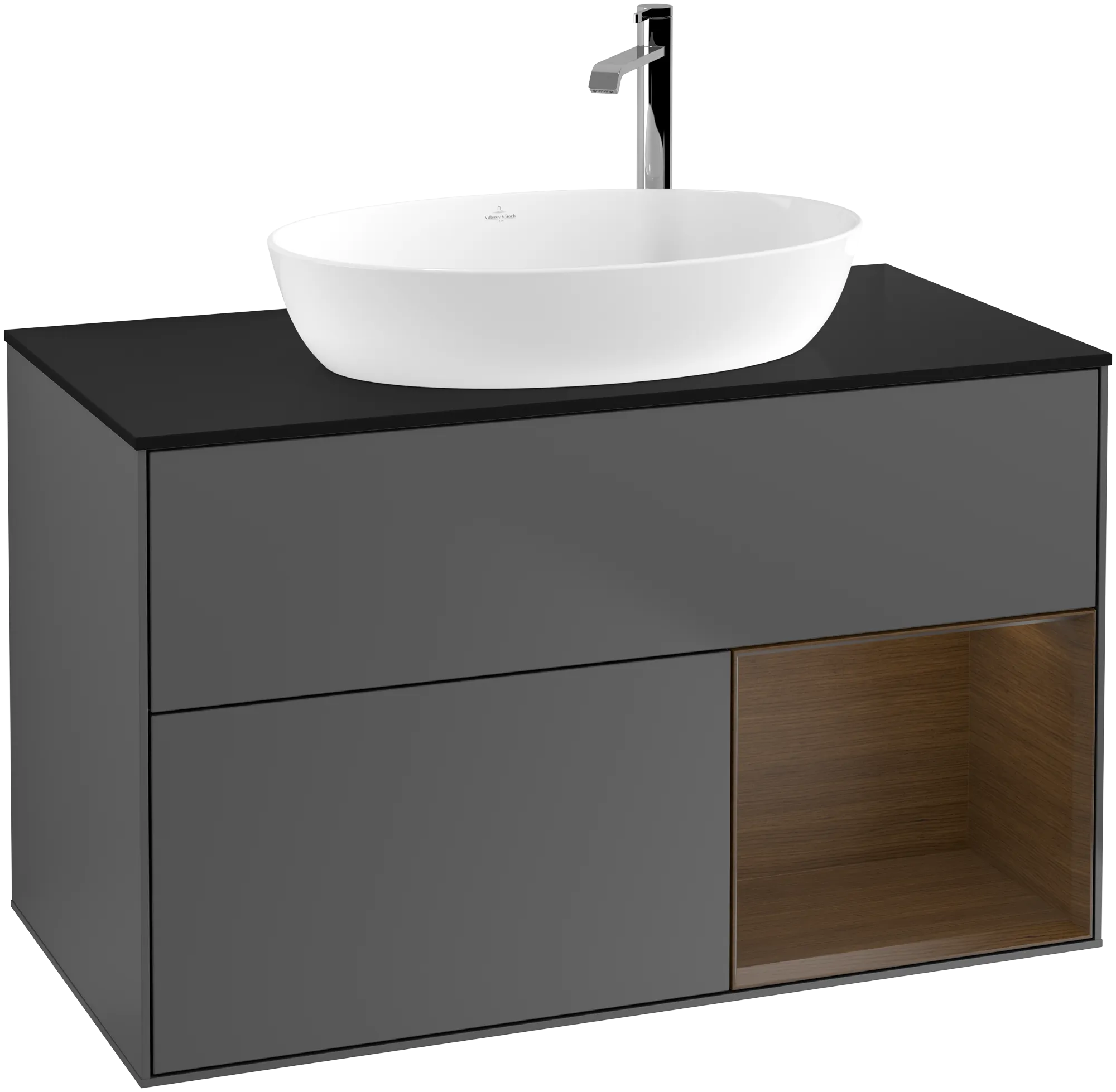 Bild von VILLEROY BOCH Finion Waschbeckenunterschrank, mit Beleuchtung, 2 Auszüge, 1000 x 603 x 501 mm, Anthracite Matt Lacquer / Walnut Veneer / Glass Black Matt #G902GNGK