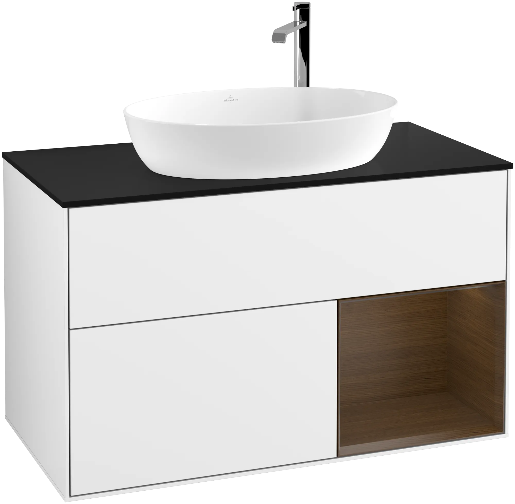 Bild von VILLEROY BOCH Finion Waschbeckenunterschrank, mit Beleuchtung, 2 Auszüge, 1000 x 603 x 501 mm, Glossy White Lacquer / Walnut Veneer / Glass Black Matt #G902GNGF