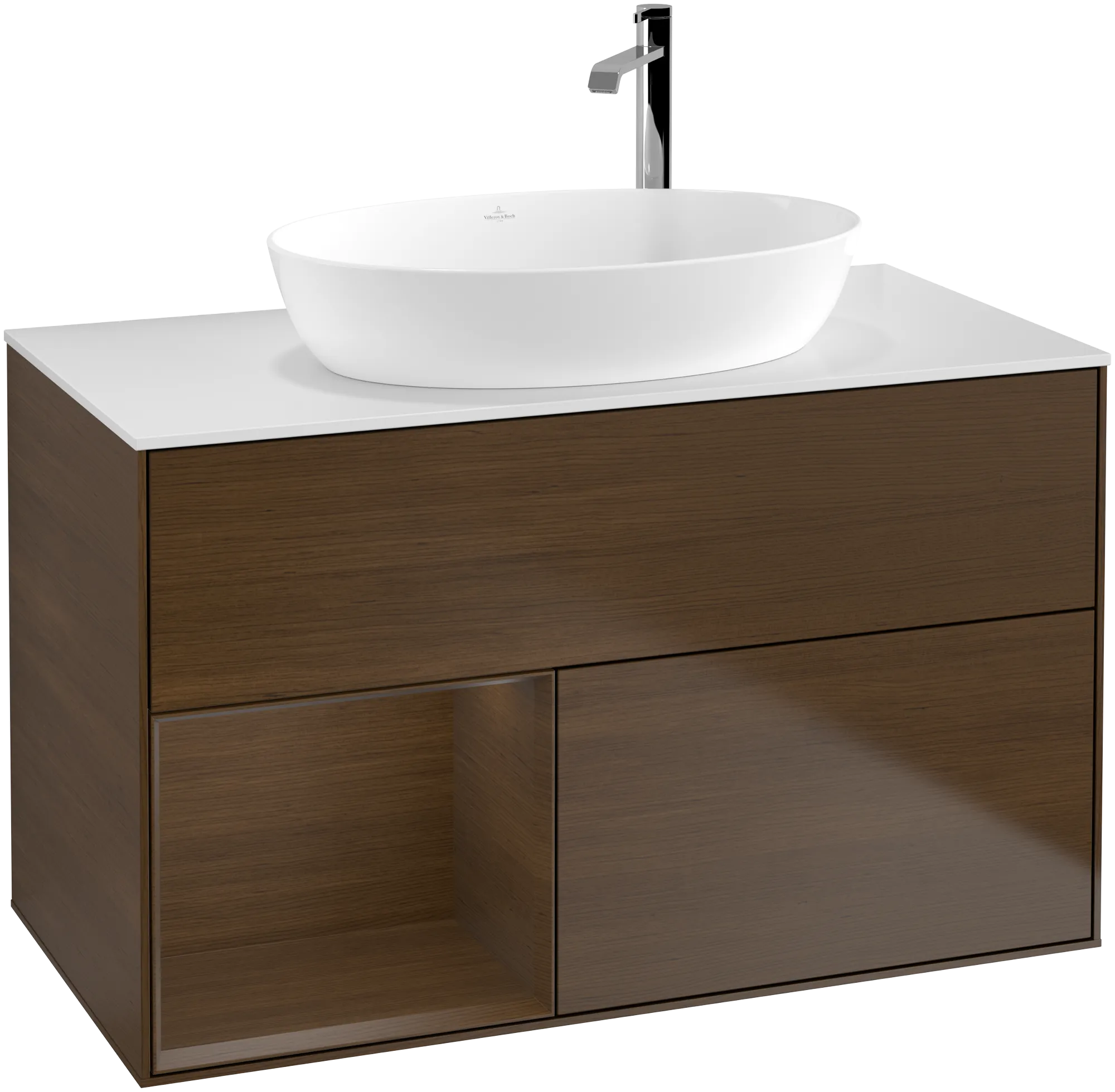 Bild von VILLEROY BOCH Finion Waschbeckenunterschrank, mit Beleuchtung, 2 Auszüge, 1000 x 603 x 501 mm, Walnut Veneer / Walnut Veneer / Glass White Matt #G891GNGN
