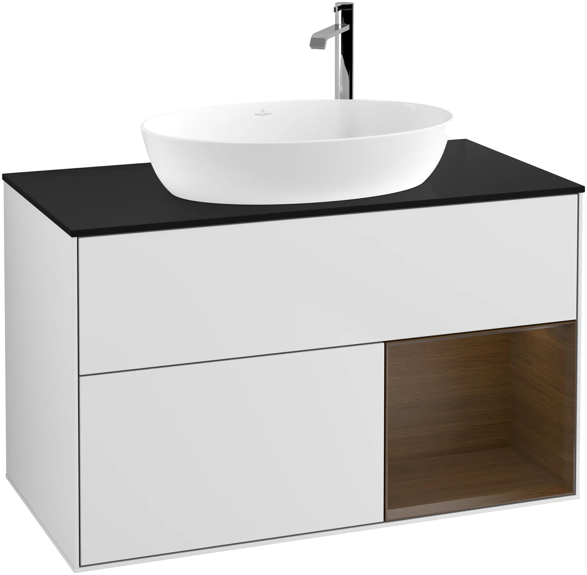 Bild von VILLEROY BOCH Finion Waschbeckenunterschrank, mit Beleuchtung, 2 Auszüge, 1000 x 603 x 501 mm, White Matt Lacquer / Walnut Veneer / Glass Black Matt #G902GNMT