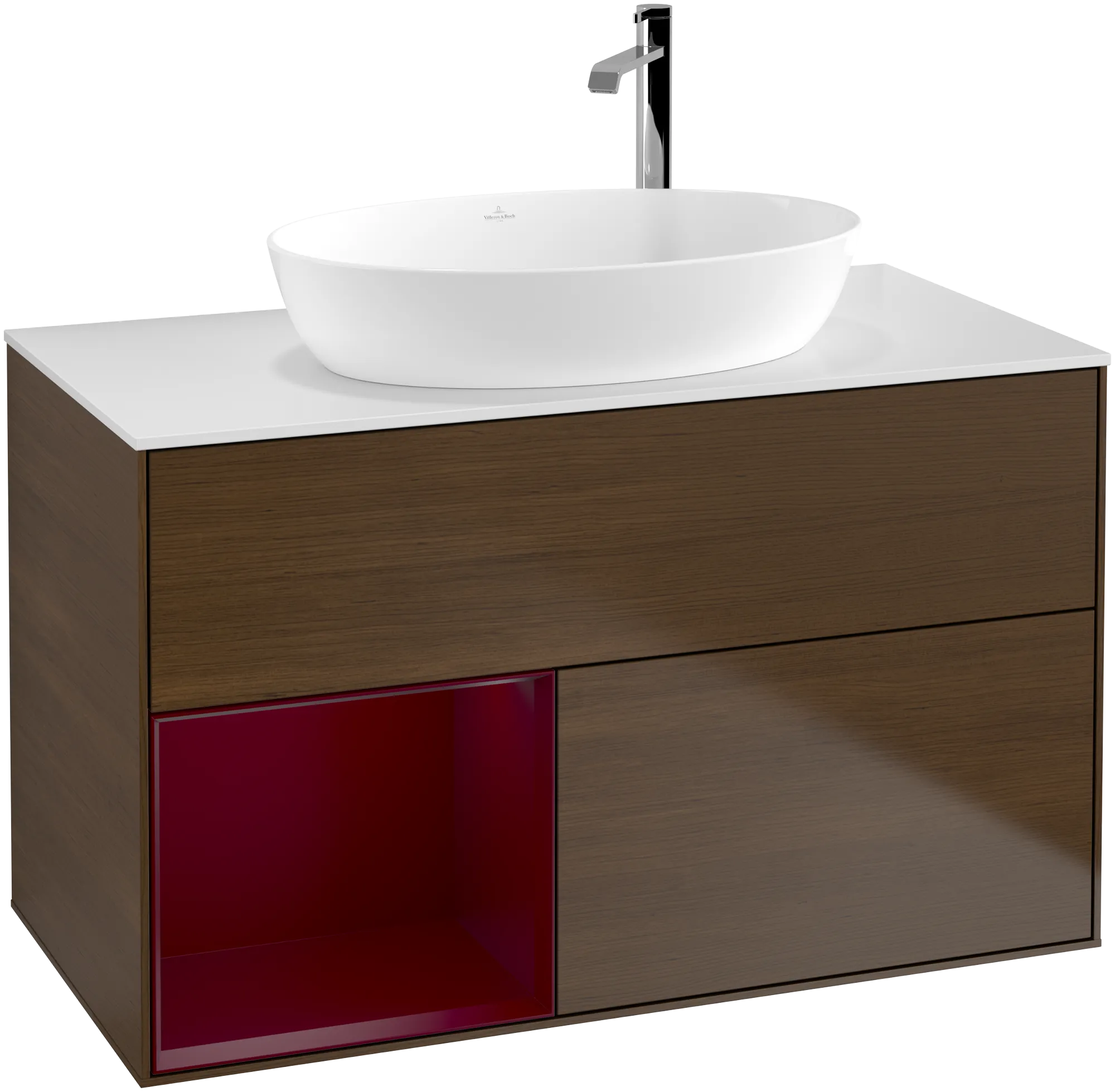 Bild von VILLEROY BOCH Finion Waschbeckenunterschrank, mit Beleuchtung, 2 Auszüge, 1000 x 603 x 501 mm, Walnut Veneer / Peony Matt Lacquer / Glass White Matt #G891HBGN