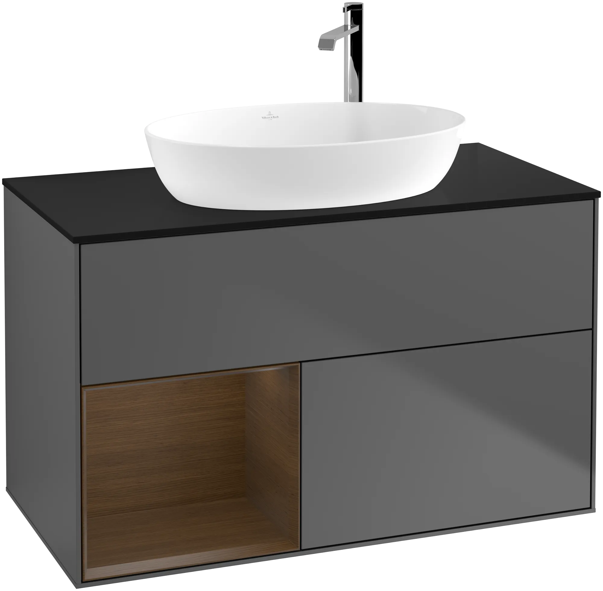Bild von VILLEROY BOCH Finion Waschbeckenunterschrank, mit Beleuchtung, 2 Auszüge, 1000 x 603 x 501 mm, Anthracite Matt Lacquer / Walnut Veneer / Glass Black Matt #G892GNGK