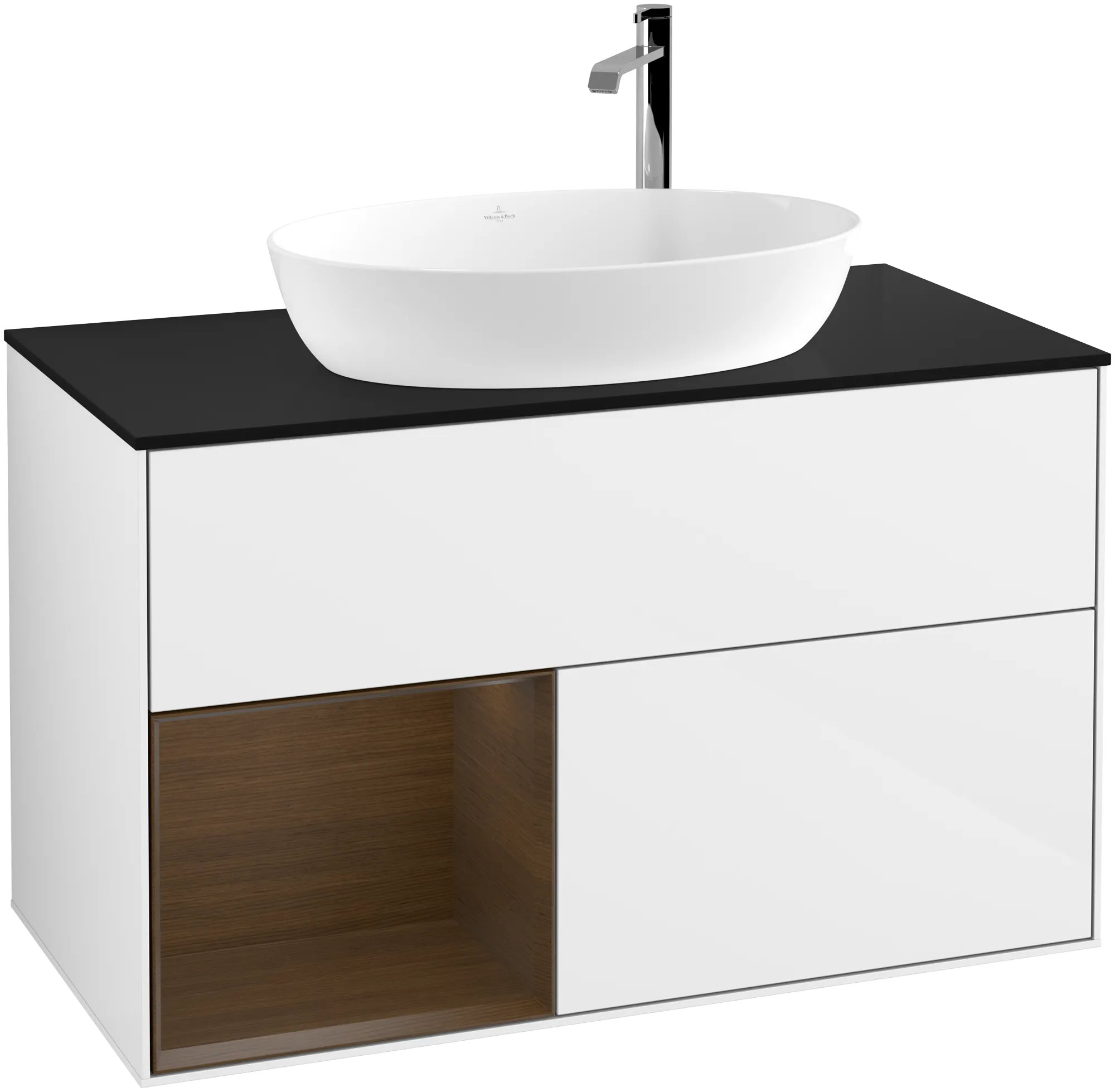 Bild von VILLEROY BOCH Finion Waschbeckenunterschrank, mit Beleuchtung, 2 Auszüge, 1000 x 603 x 501 mm, Glossy White Lacquer / Walnut Veneer / Glass Black Matt #G892GNGF