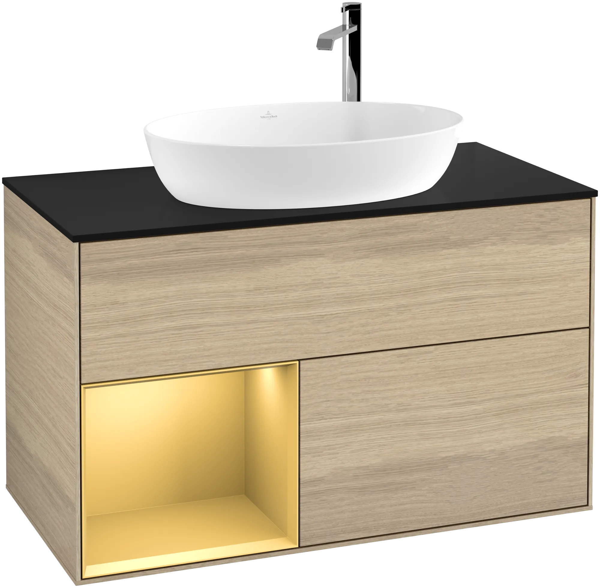Bild von VILLEROY BOCH Finion Waschbeckenunterschrank, mit Beleuchtung, 2 Auszüge, 1000 x 603 x 501 mm, Oak Veneer / Gold Matt Lacquer / Glass Black Matt #G892HFPC