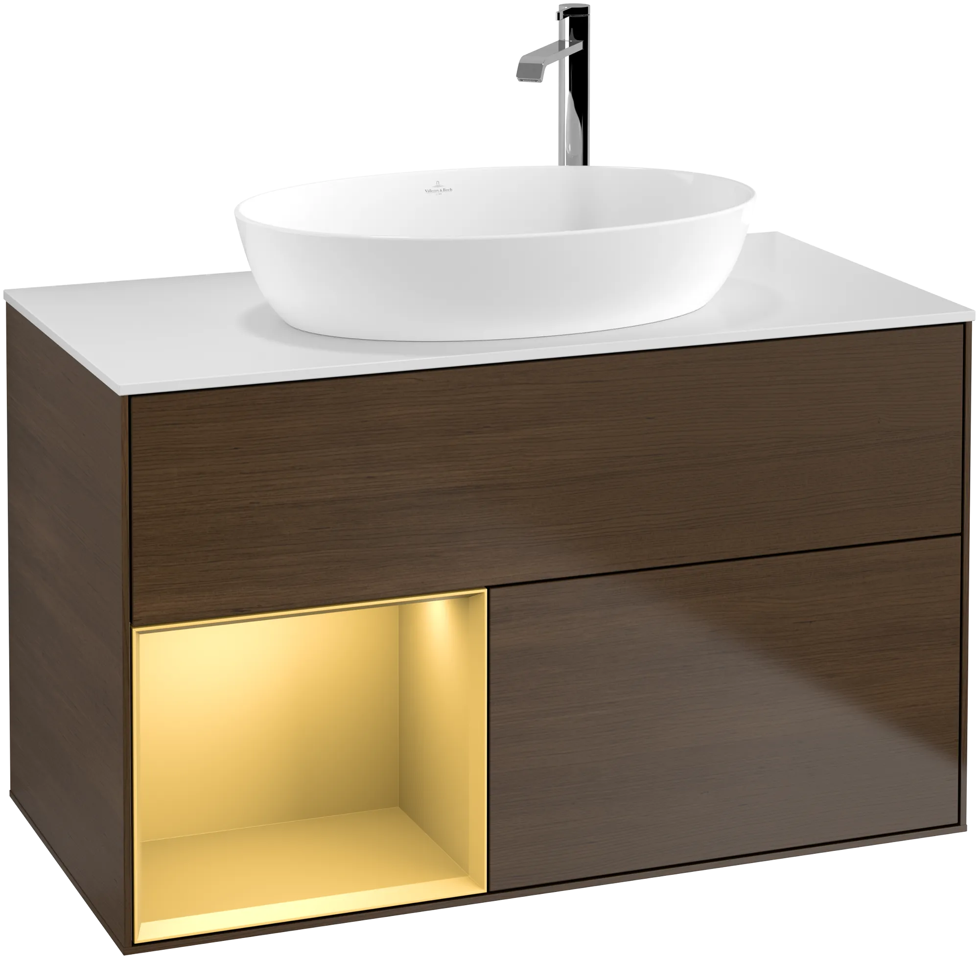 Bild von VILLEROY BOCH Finion Waschbeckenunterschrank, mit Beleuchtung, 2 Auszüge, 1000 x 603 x 501 mm, Walnut Veneer / Gold Matt Lacquer / Glass White Matt #G891HFGN
