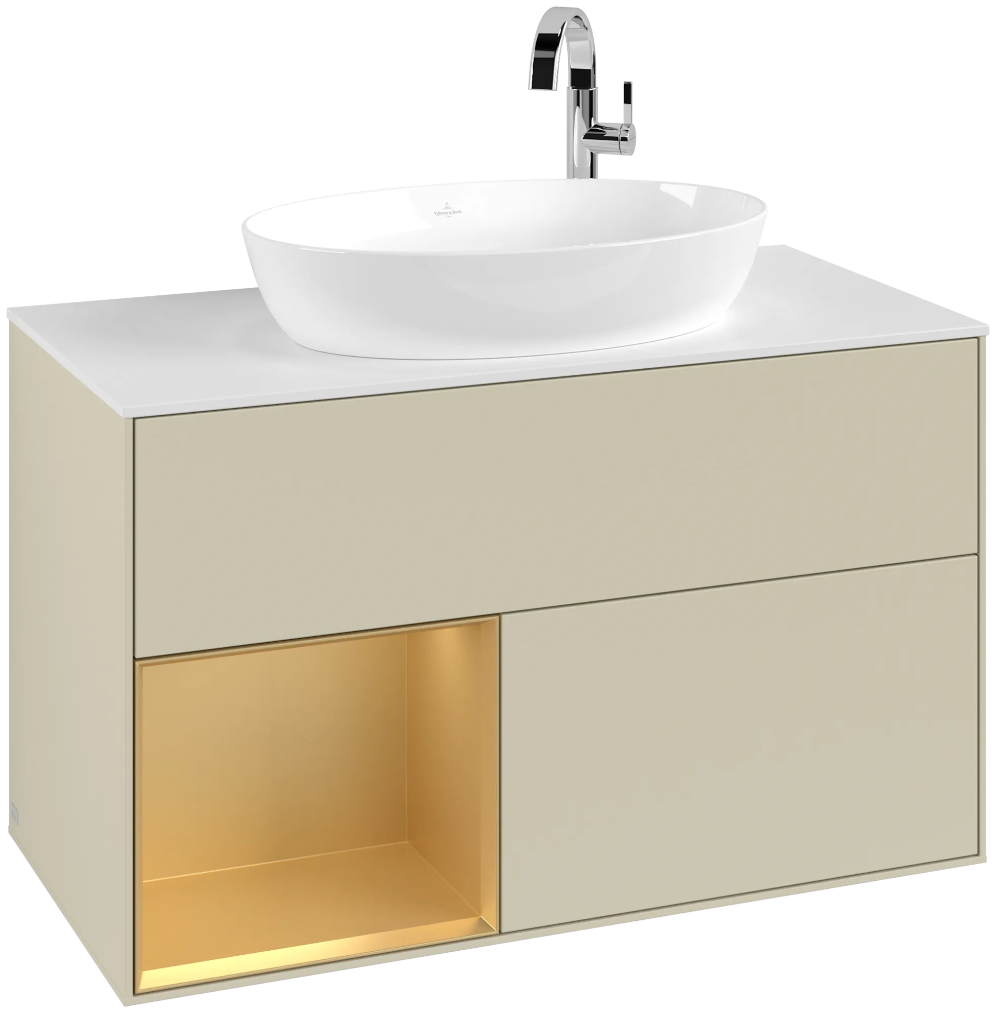 Bild von VILLEROY BOCH Finion Waschbeckenunterschrank, mit Beleuchtung, 2 Auszüge, 1000 x 603 x 501 mm, Silk Grey Matt Lacquer / Gold Matt Lacquer / Glass White Matt #G891HFHJ