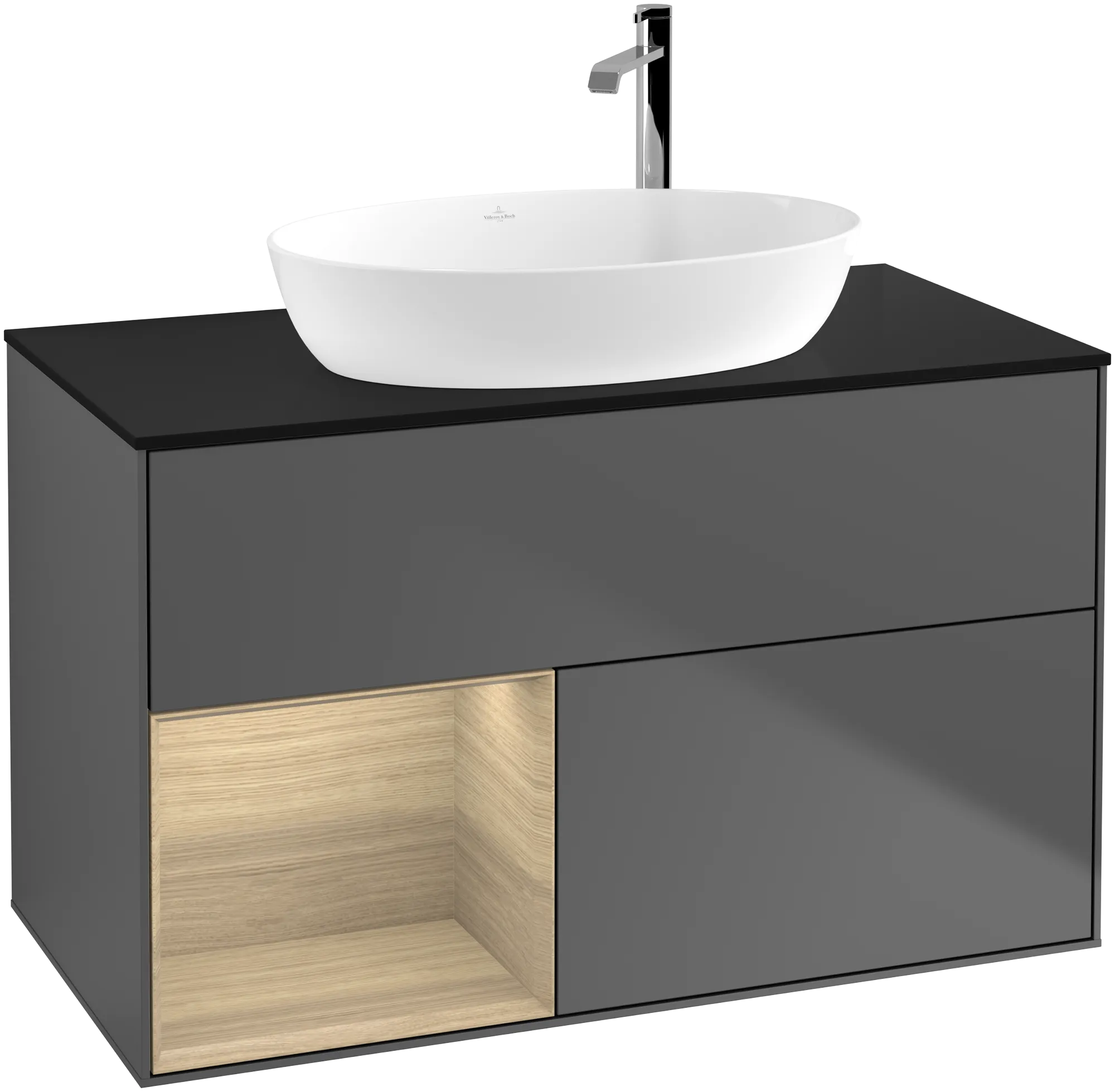Bild von VILLEROY BOCH Finion Waschbeckenunterschrank, mit Beleuchtung, 2 Auszüge, 1000 x 603 x 501 mm, Anthracite Matt Lacquer / Oak Veneer / Glass Black Matt #G892PCGK