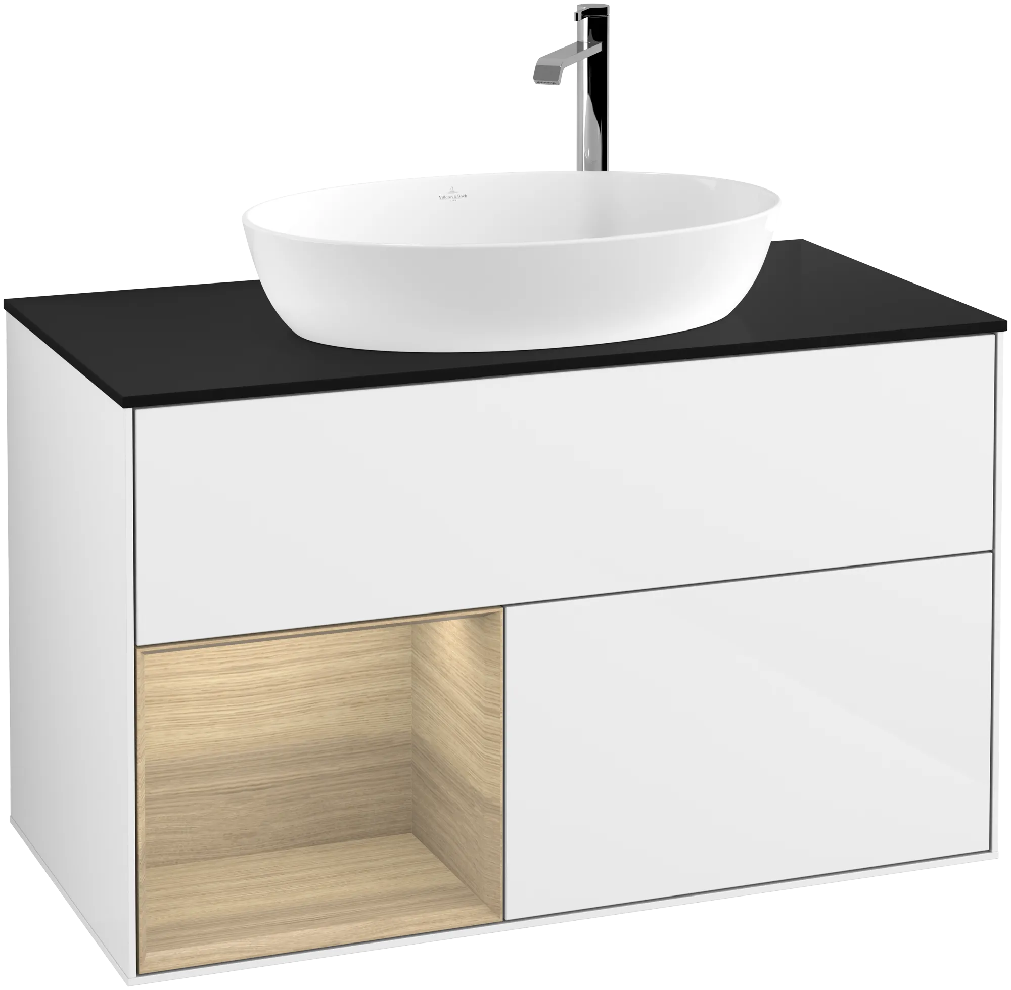 Bild von VILLEROY BOCH Finion Waschbeckenunterschrank, mit Beleuchtung, 2 Auszüge, 1000 x 603 x 501 mm, Glossy White Lacquer / Oak Veneer / Glass Black Matt #G892PCGF